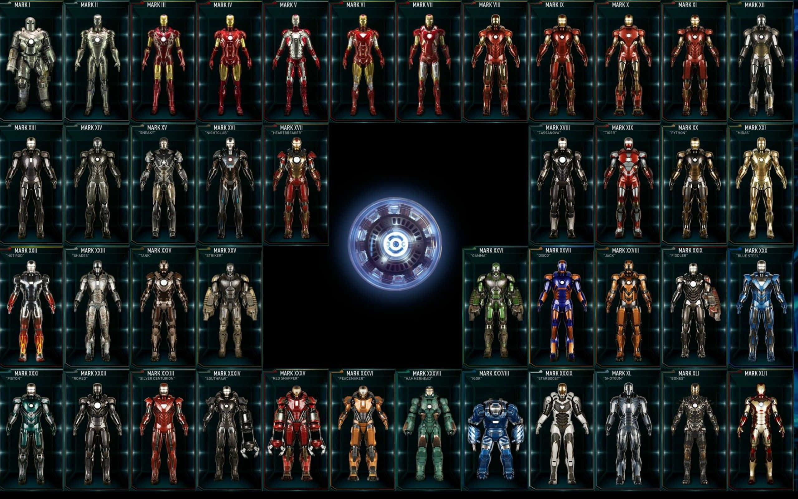Iron Man Suit 桌布 壁紙 — 鋼鐵人戰衣網格顯示在深色背景上，中央弧形反應堆發光。