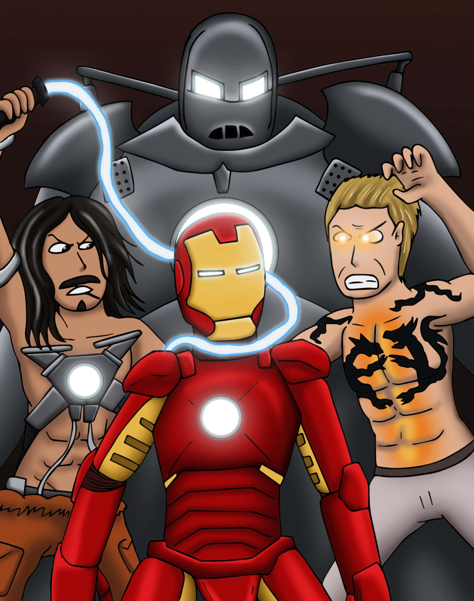 Iron Man Villains 桌布 壁紙 — 鋼鐵人挑釁地站立，一道發光的能量鞭在他與兩個肌肉發達的對手之間彎曲，呈現黑暗漫畫風格。