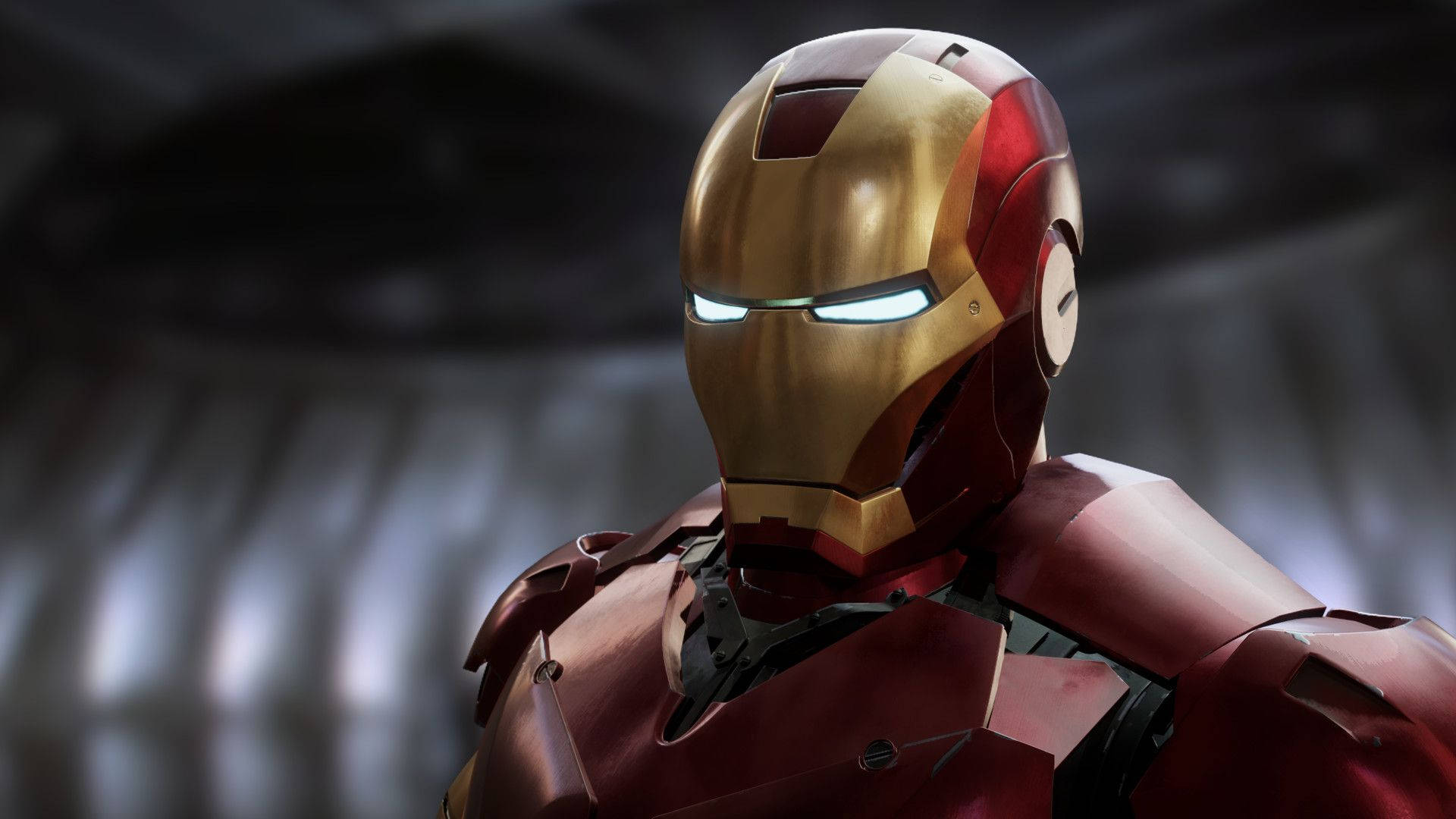 Iron Man Mark 3 桌布 壁紙 — 鋼鐵人標誌性的紅色和金色盔甲在深色金屬背景下發出明亮的藍色光芒。