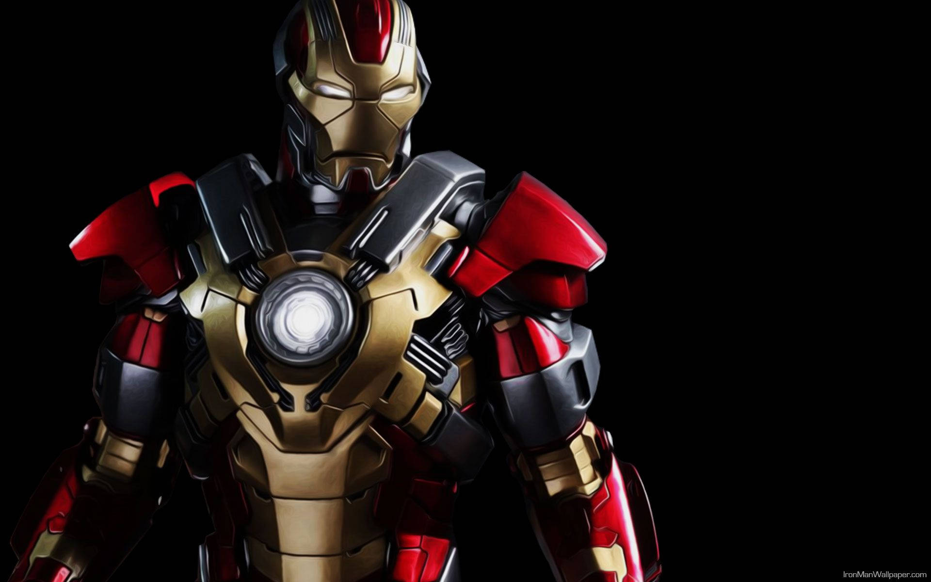 Iron Man Mark 3 桌布 壁紙 — 鋼鐵人標誌性的紅色和金色盔甲在純黑色背景上發光，中心有一個明亮的弧形反應器。