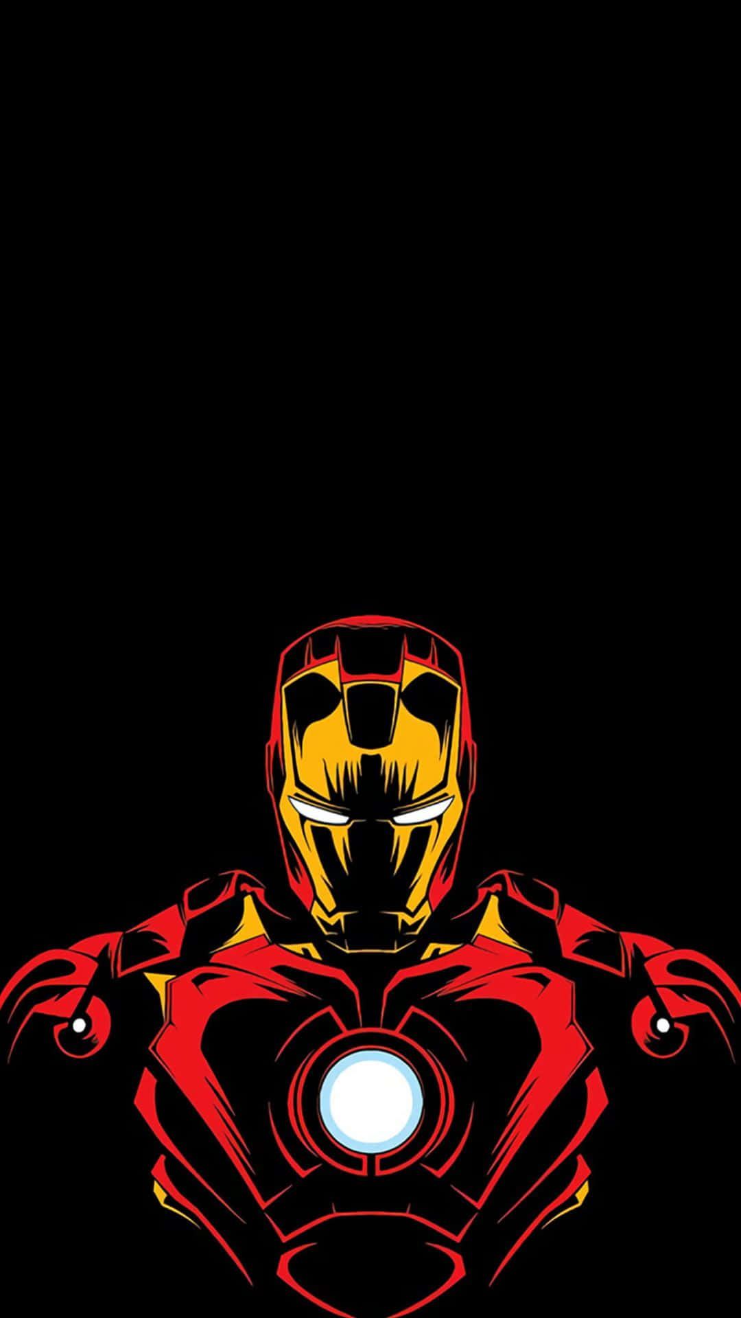 Android Iron Man 桌布 壁紙 — 鋼鐵人標誌性的紅色和金色裝甲在漆黑的背景下發光，他胸前的弧形反應爐明亮地脈動。