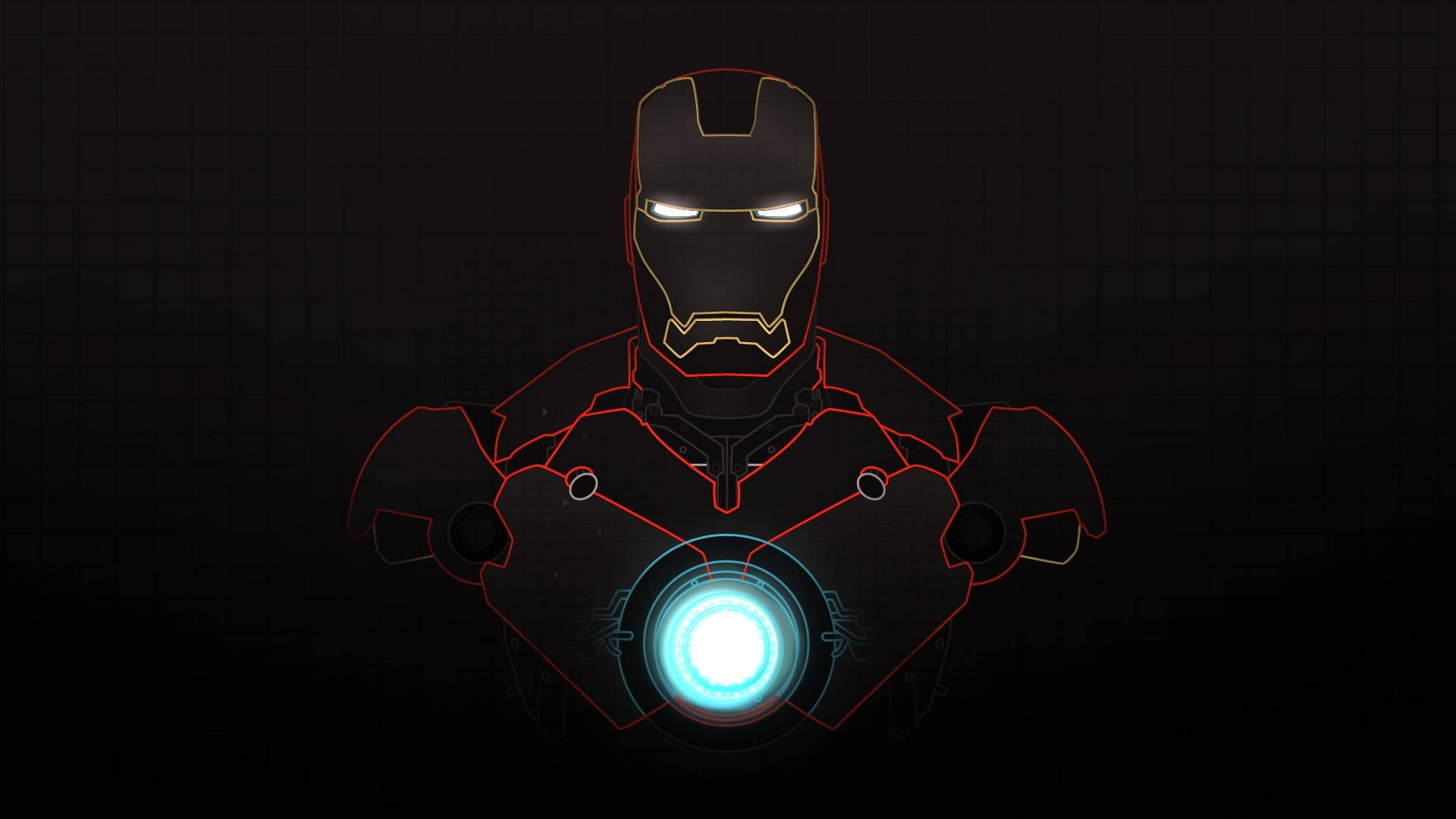 HD superhero 桌布 壁紙 — 鋼鐵人發光的弧形反應爐和眼睛在黑暗的網格背景下照亮了他裝甲的身軀。