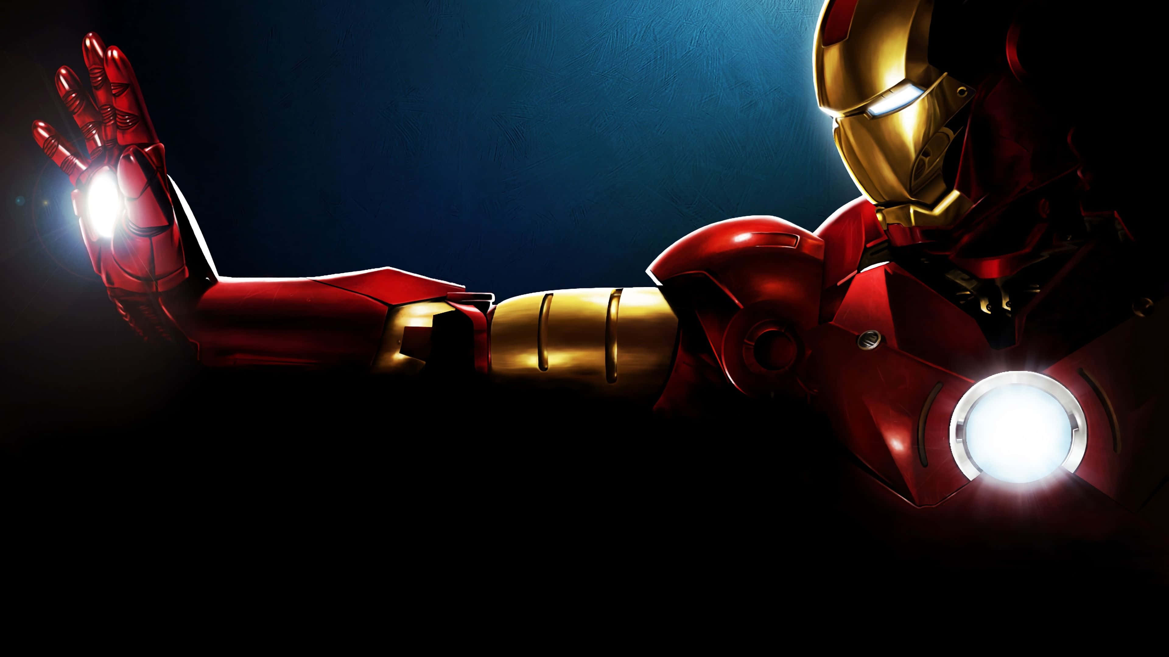 Iron Man Art 桌布 壁紙 — 鋼鐵人發光的斥力手在深藍色背景上伸展，胸口弧形反應爐明亮地閃耀。