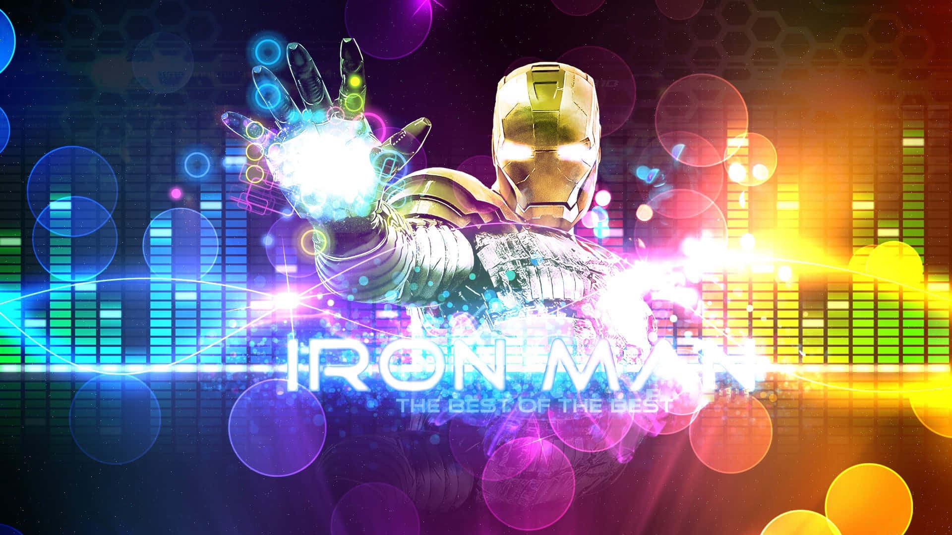 Iron Man Fan Art 桌布 壁紙 — 鋼鐵人發光的斥力手脈動於充滿活力的數位音波背景上，伴隨彩色散景燈光。