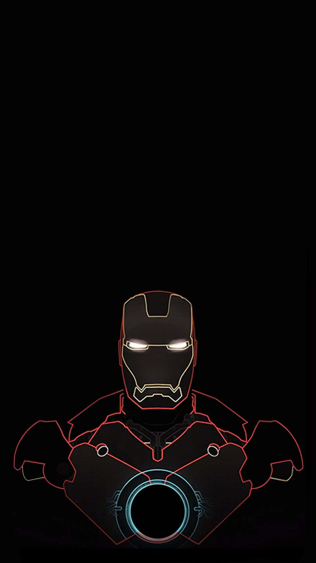 Android Iron Man 桌布 壁紙 — 鋼鐵人發光的紅色和藍色輪廓在漆黑的背景上突出，帶有發光的眼睛和胸部弧形反應器。