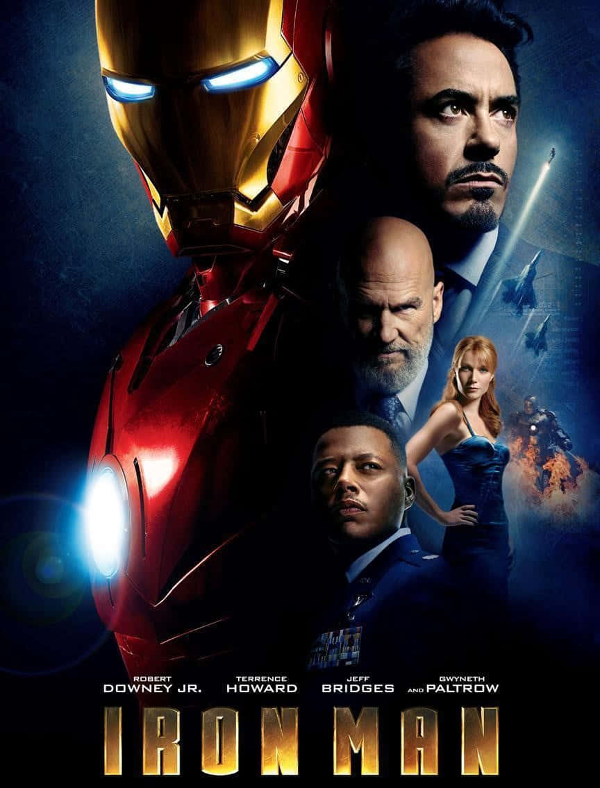 Iron Man Movies 桌布 壁紙 — 鋼鐵人發光的紅色和金色盔甲主導了一張深藍色的電影海報，其中包含關鍵角色和飛行的噴射機。