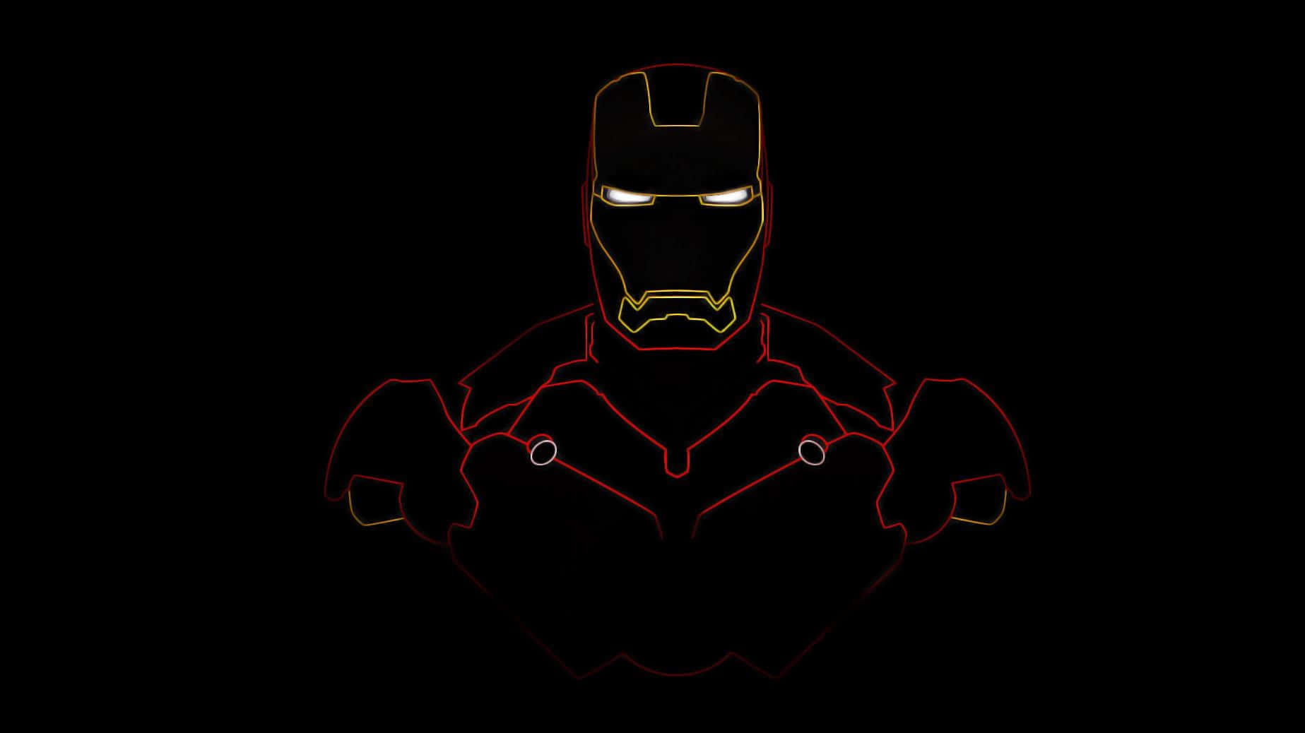 Iron Man Black And White 桌布 壁紙 — 鋼鐵人發光的紅色和金色輪廓在純黑色背景上突出，眼睛發光。