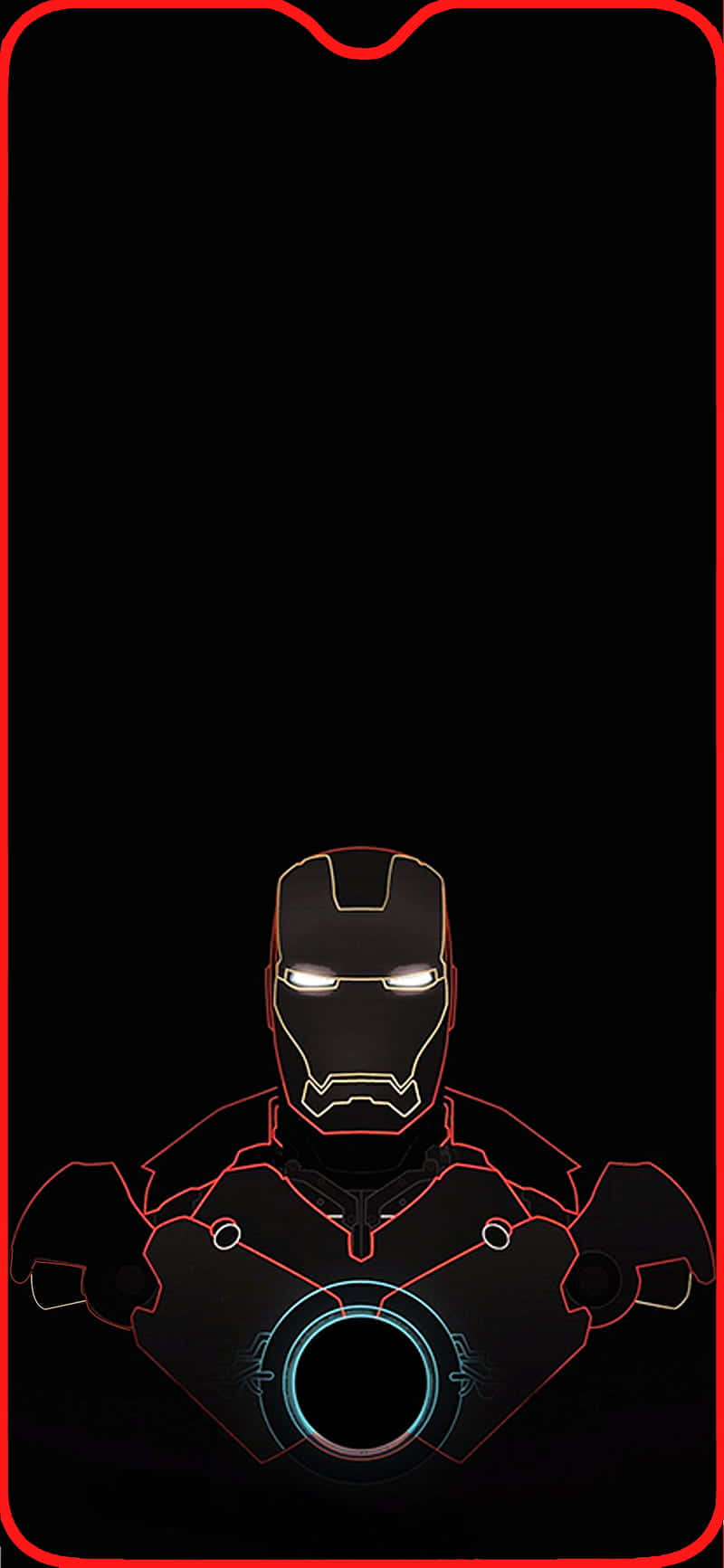 Iron Man Black And White 桌布 壁紙 — 鋼鐵人發光的紅色輪廓和胸部弧形反應器在黑色背景和紅色電話框架上突出顯示。