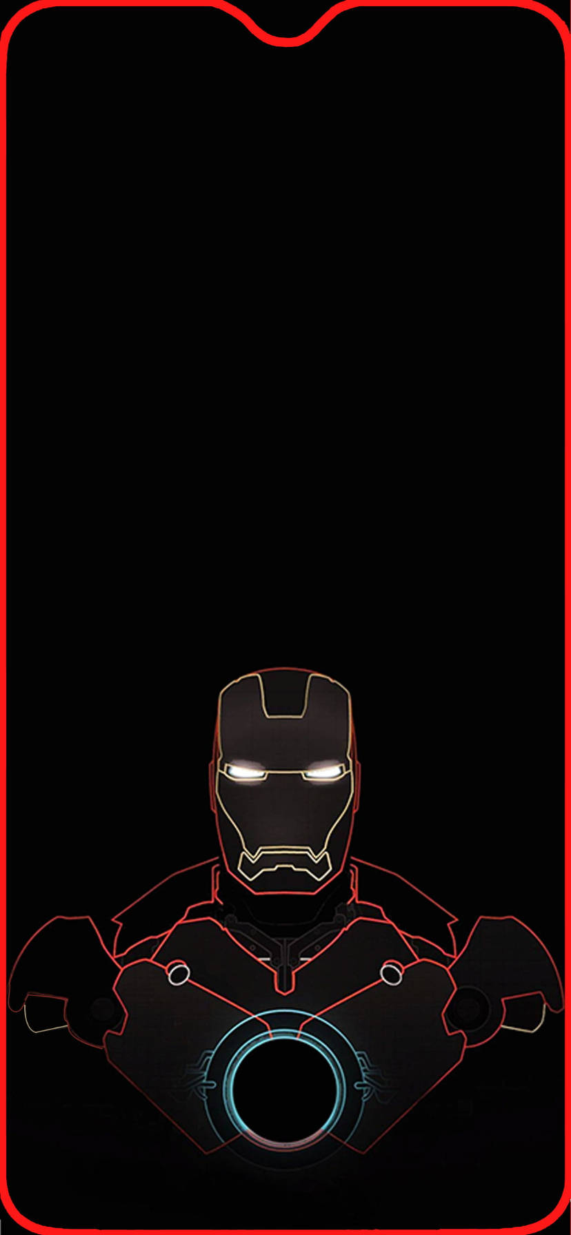 marvel iPhone xr 桌布 壁紙 — 鋼鐵人發光的紅色輪廓和胸部弧形反應器在黑色背景上突出顯示。