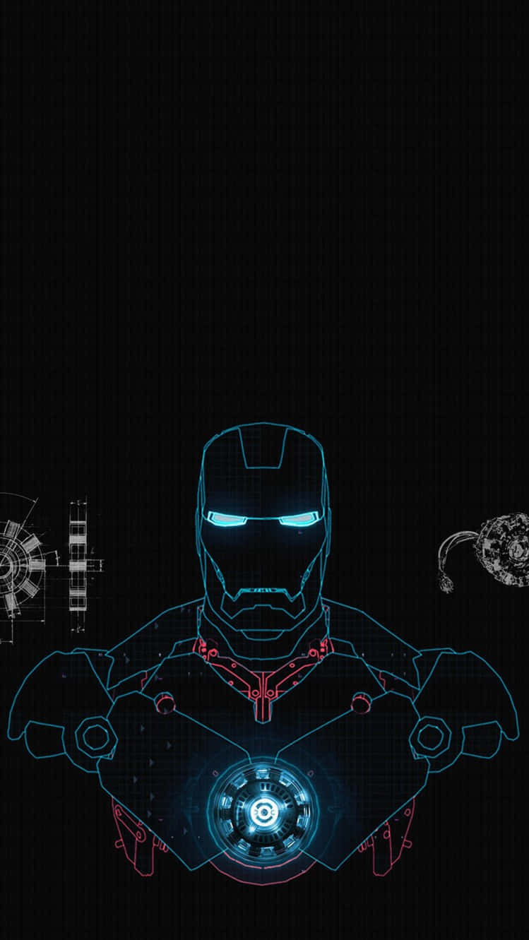 Iron Man Technology 桌布 壁紙 — 鋼鐵人發光的藍色和紅色裝甲軀幹，在黑暗網格背景上以霓虹燈勾勒出輪廓，並帶有示意設計。
