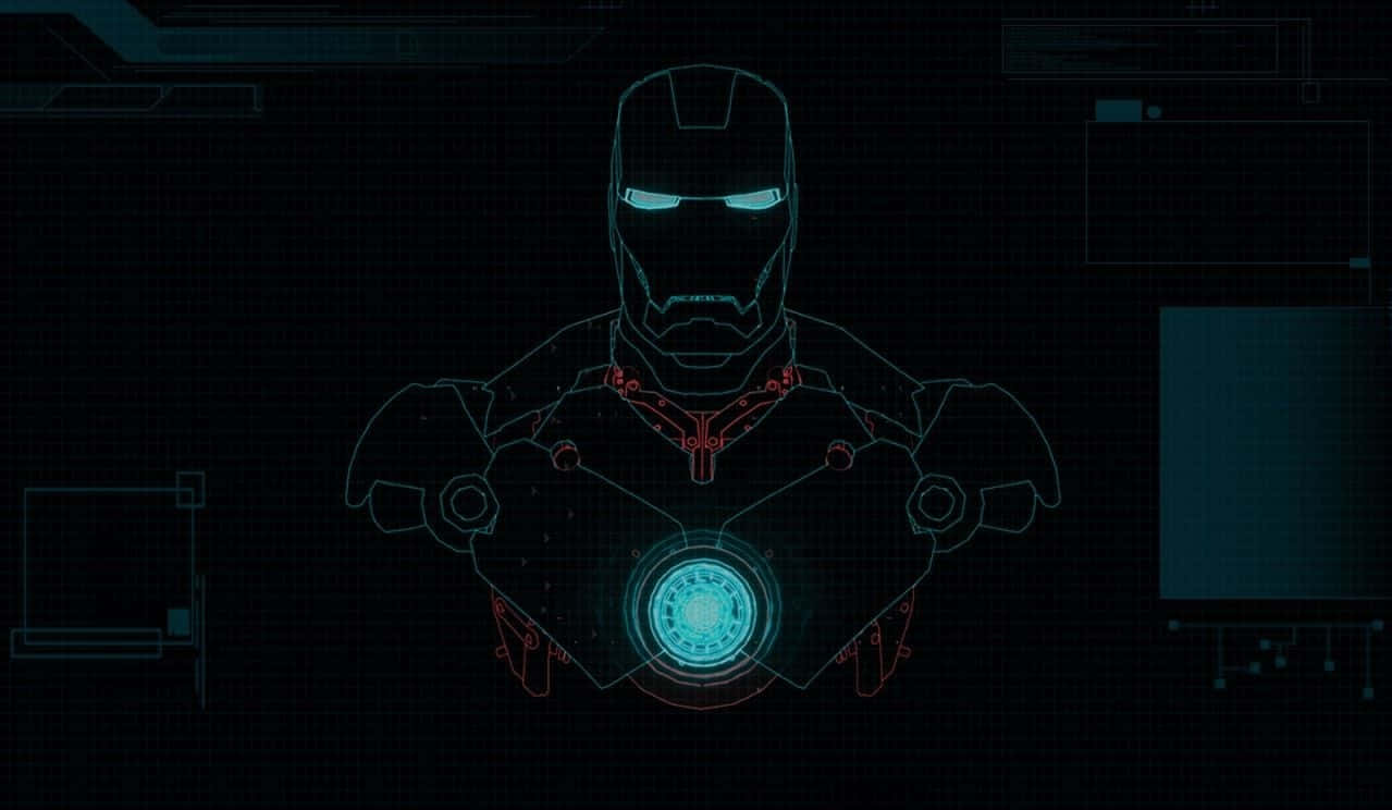 Iron Man Technology 桌布 壁紙 — 鋼鐵人發光的藍色和紅色裝甲軀幹在黑暗的數位網格介面上勾勒出來。