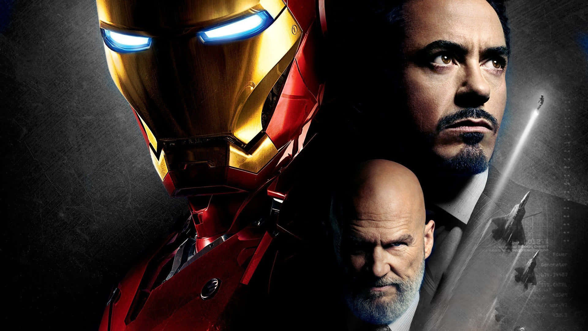 Superhero Movies 桌布 壁紙 — 鋼鐵人發光的頭盔在黑暗場景中佔據主導地位，旁邊是東尼史塔克和一個嚴肅的光頭男子，背景有戰鬥機。
