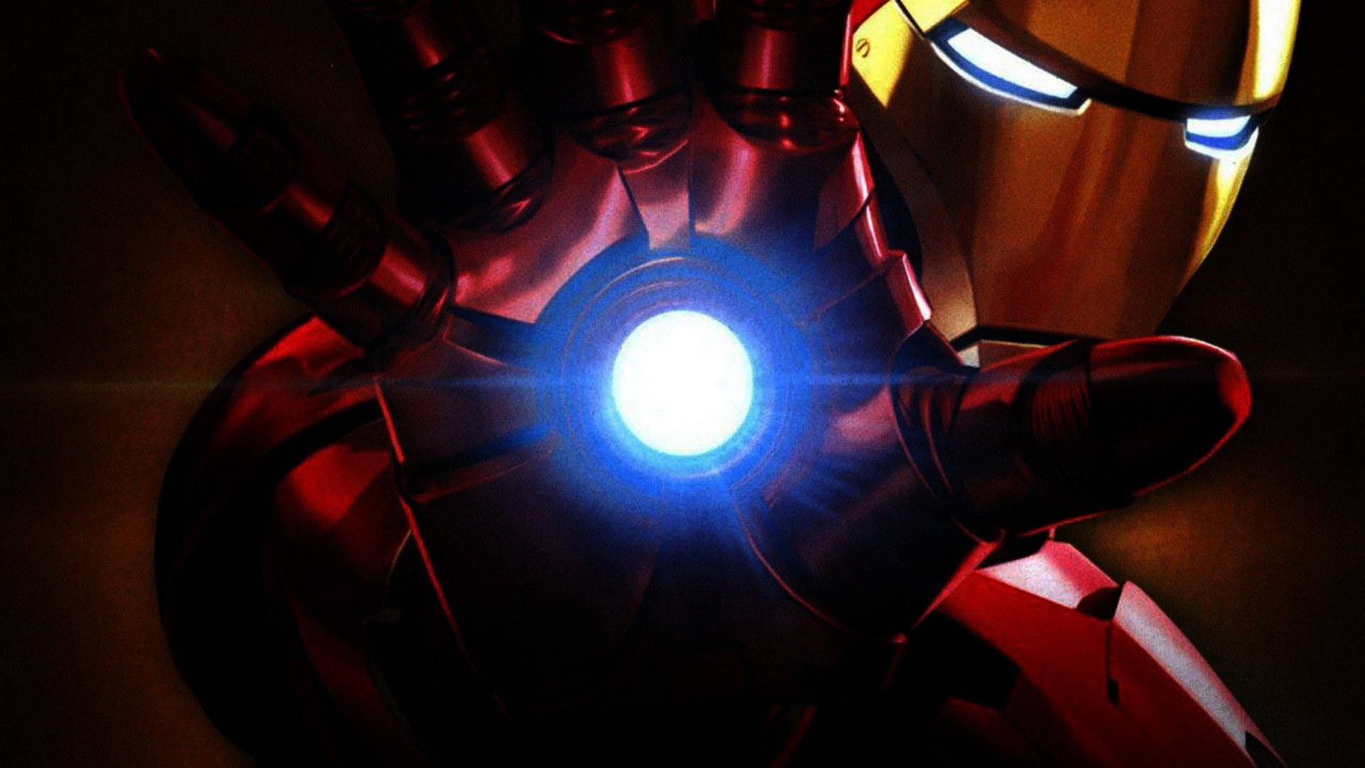 Iron Man Logo 桌布 壁紙 — 鋼鐵人發光藍色斥力手的特寫，背景黑暗，頭盔面罩亮起。
