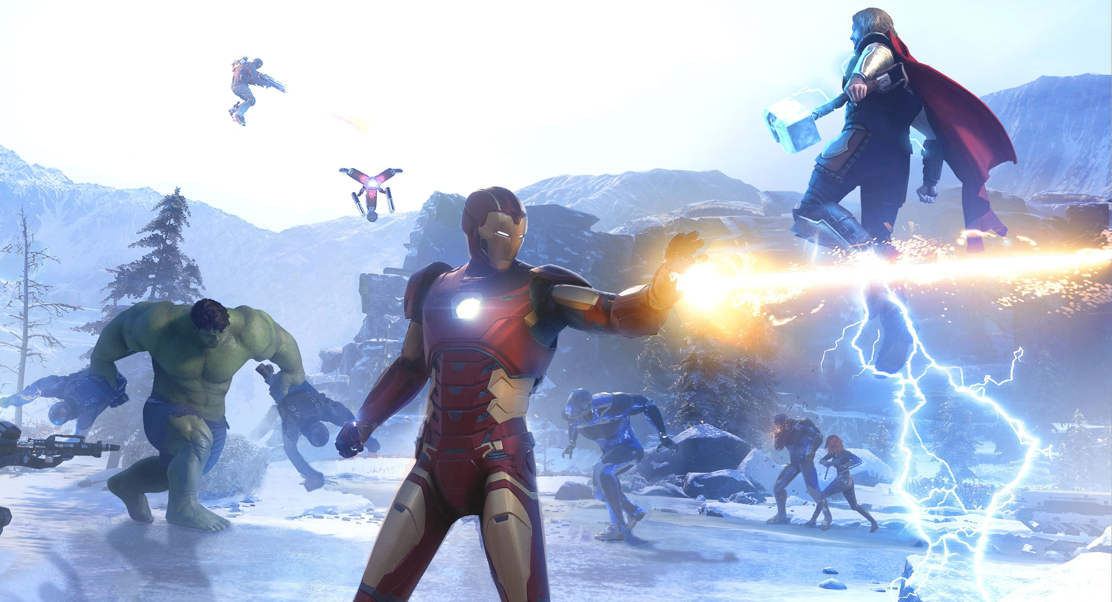 Superhero Video Games 桌布 壁紙 — 鋼鐵人發射斥力炮，而索爾揮動雷神之鎚，在雪山戰鬥中與浩克及其他英雄並肩作戰。