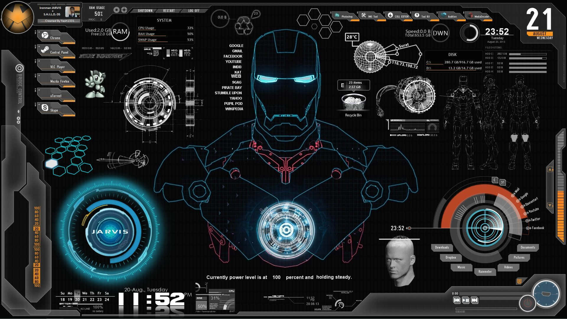 Iron Man Technology 桌布 壁紙 — 鋼鐵人的全息介面在深色數位儀表板上顯示發光藍色示意圖和系統統計數據。