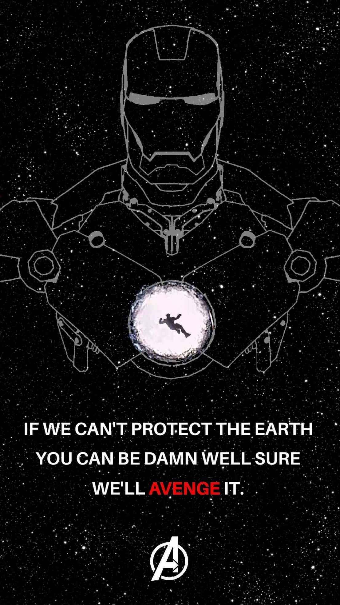 Iron Man Quotes 桌布 壁紙 — 鋼鐵人的剪影，背景是星空，發光的弧形反應爐顯示一個墜落的人物，下方有粗體文字。