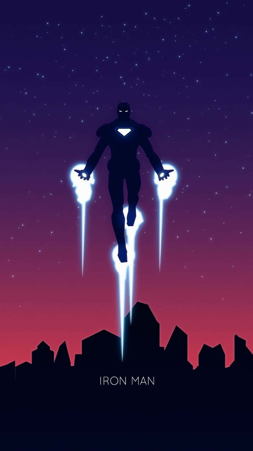 Iron Man Fan Art 桌布 壁紙 — 鋼鐵人的剪影在繁星點點的暮色天空中，於城市天際線上方盤旋，並發出發光的斥力炮。