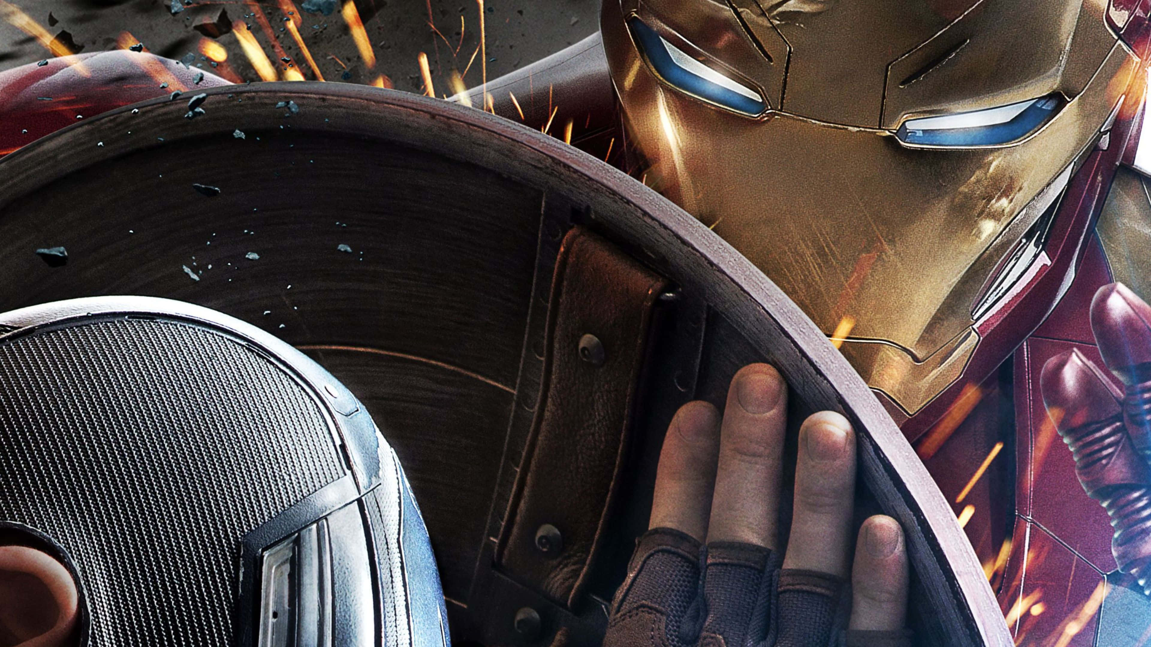 4K Captain America 桌布 壁紙 — 鋼鐵人的發光眼睛與美國隊長的盾牌鎖定，火花四濺，展開一場高風險的戰鬥。