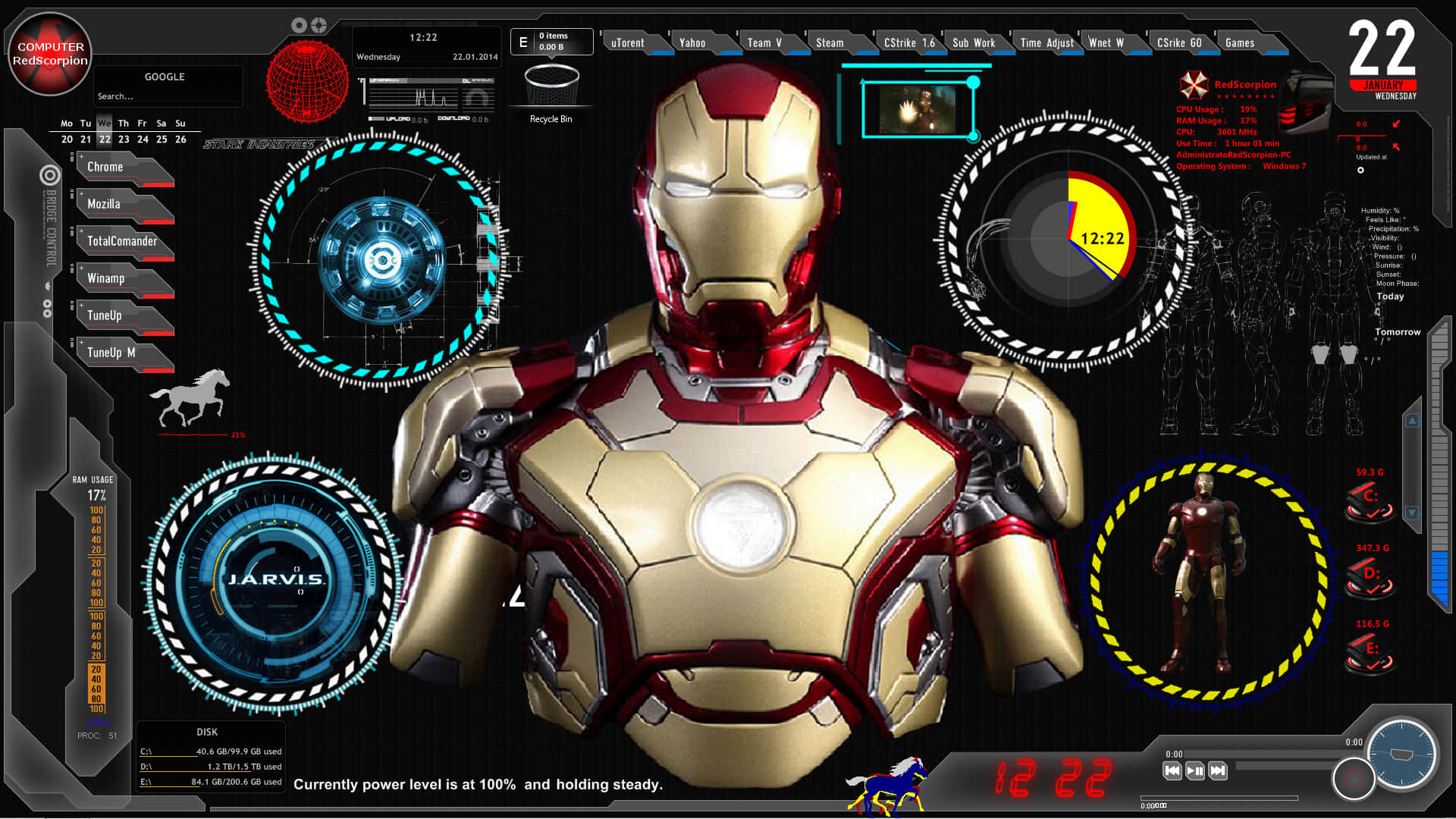 Iron Man Technology 桌布 壁紙 — 鋼鐵人的金色裝甲在充滿發光藍色和紅色數據讀數及系統統計數據的高科技HUD前閃耀。