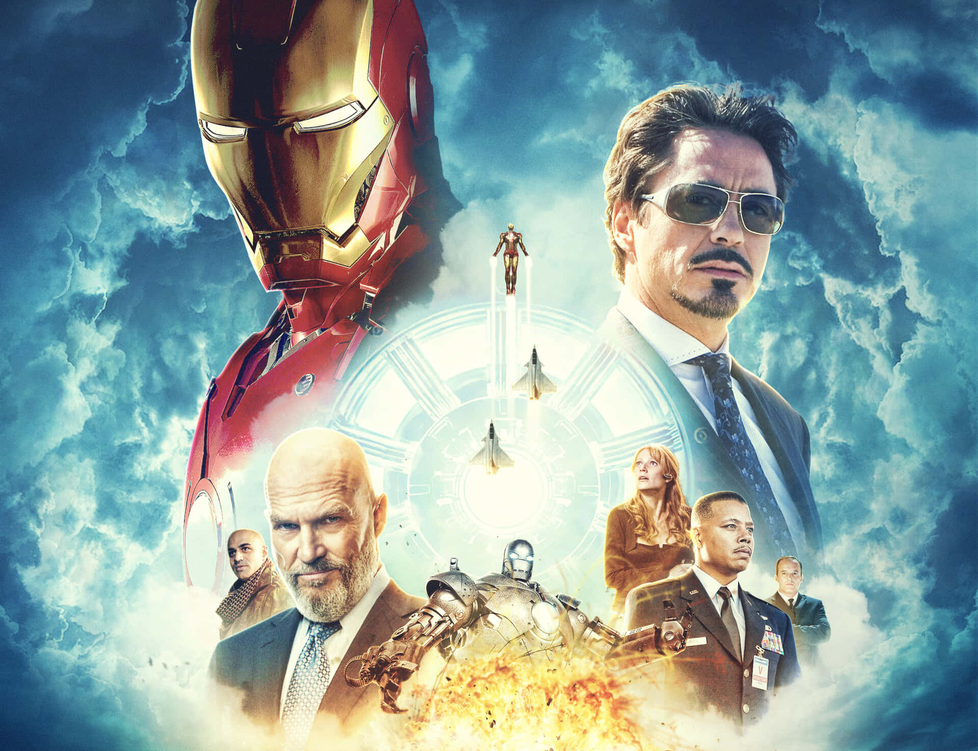 Iron Man Movies 桌布 壁紙 — 鋼鐵人的頭盔和東尼·史塔克主宰著戲劇性的多雲天空，下方有飛行服和爆炸。