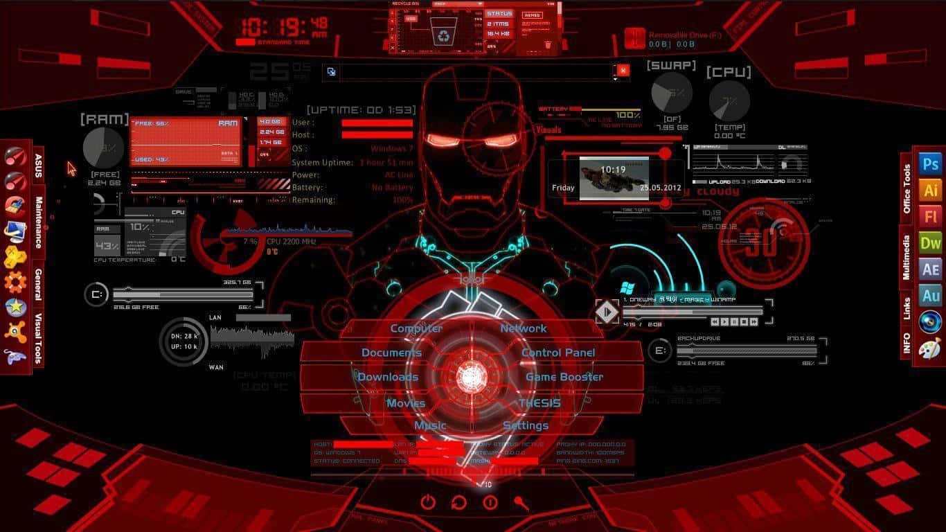 Iron Man Technology 桌布 壁紙 — 鋼鐵人的頭盔在充滿系統統計數據和發光界面元素的未來感儀表板上發出紅光。