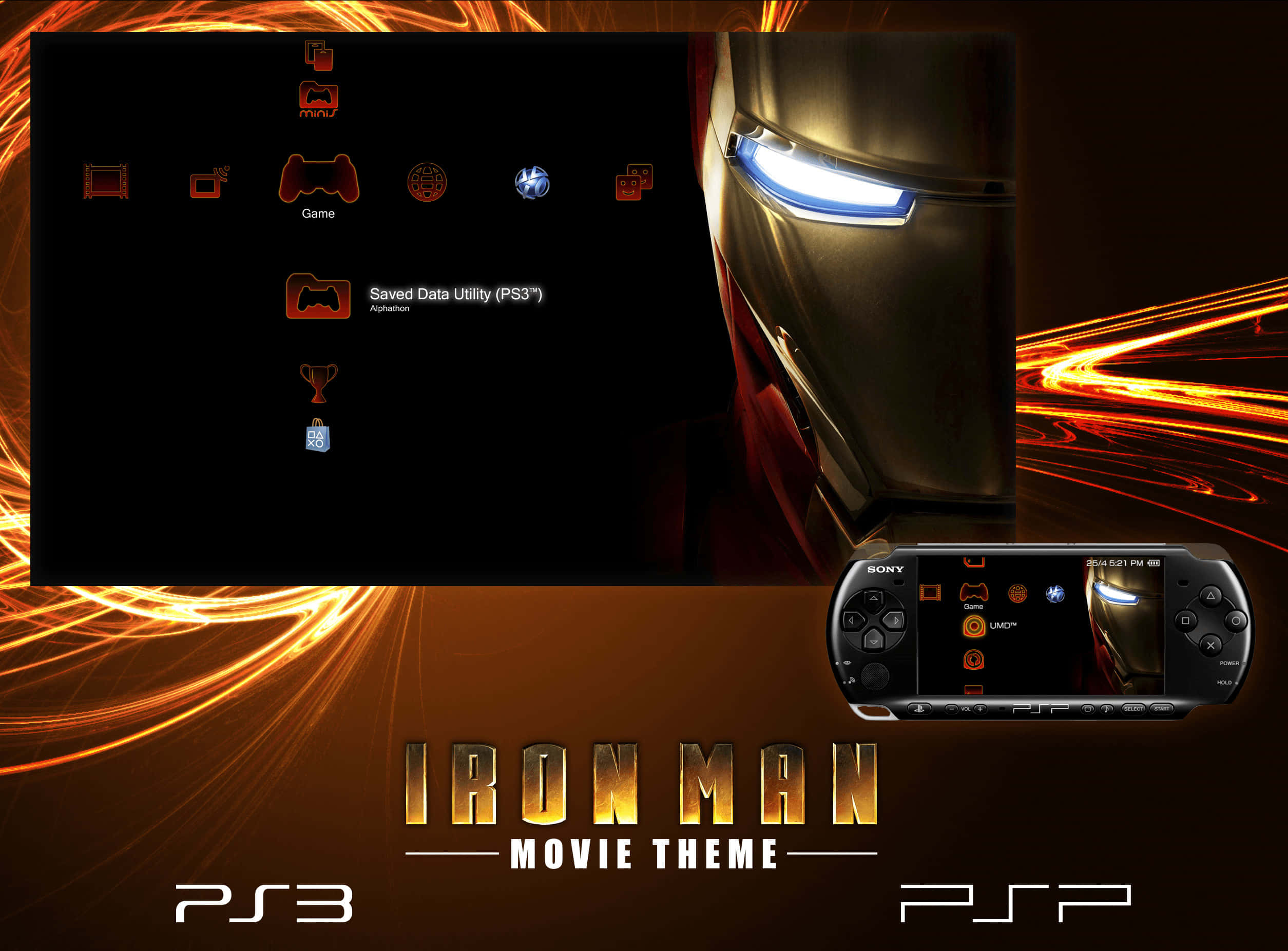 Psp 桌布 壁紙 — 鋼鐵人的頭盔在熾熱的橙色光條背景上發光，並帶有PS3和PSP遊戲界面疊加。