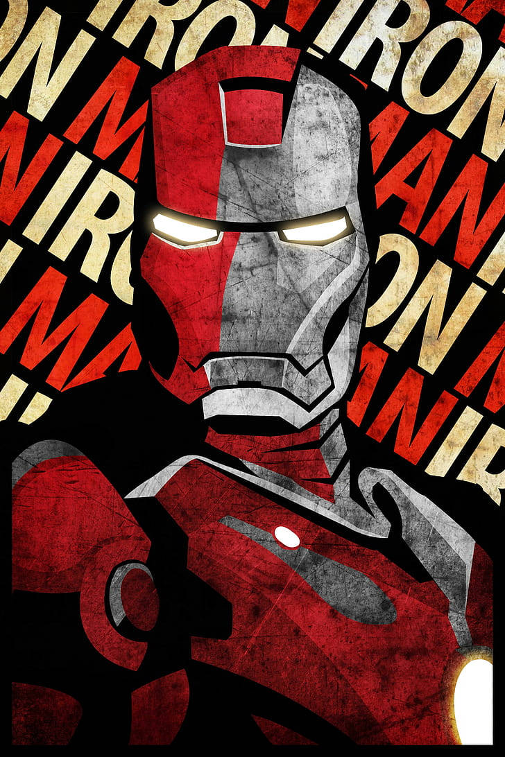 漫威 桌布 壁紙 — 鋼鐵人的頭盔在重複的紅色和金色「IRON MAN」文字的混亂背景中，散發著強烈的白色光芒。