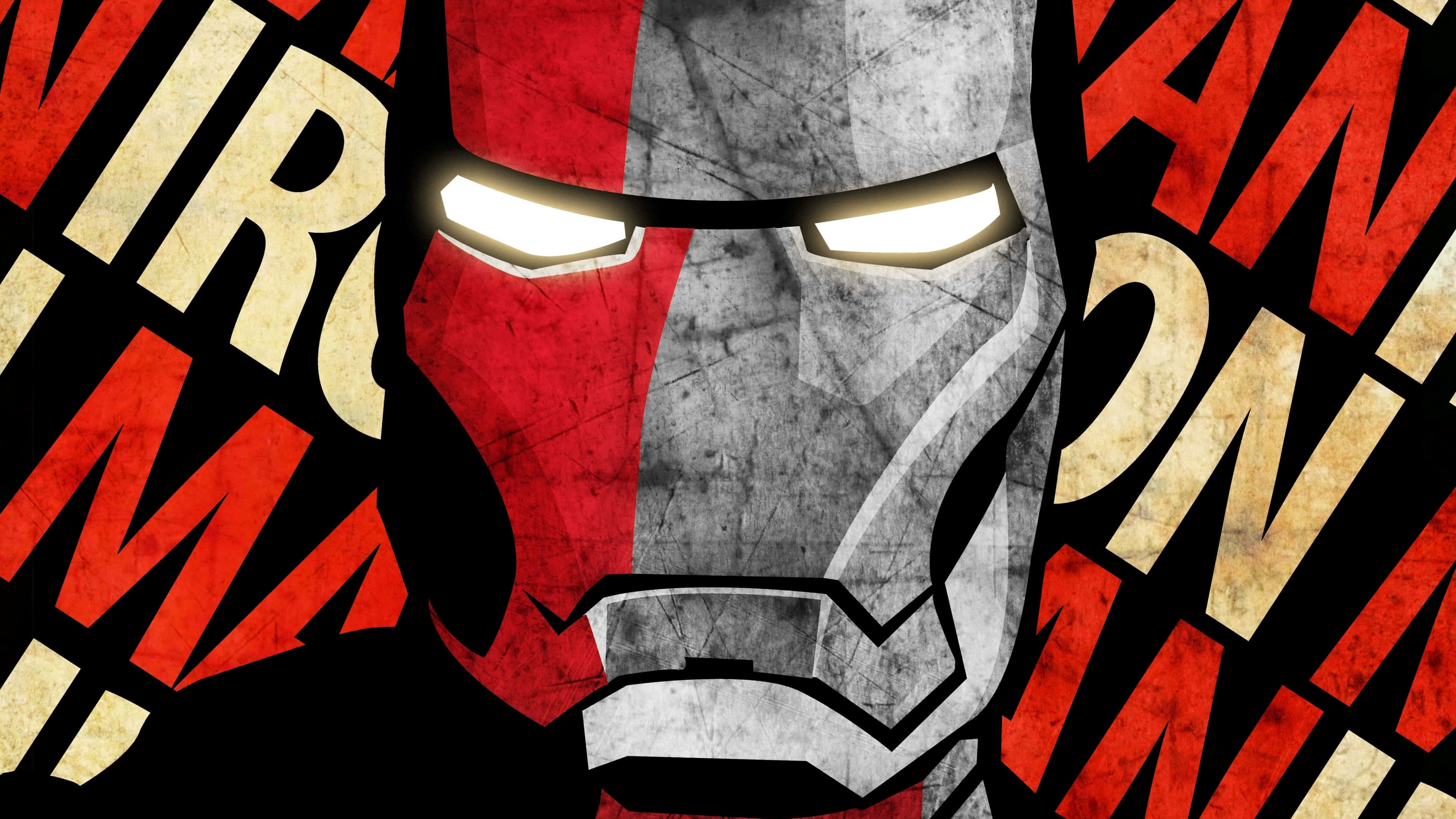 4K Marvel 壁紙 桌布 壁紙 — 鋼鐵人的頭盔在鮮明的紅色和金色文字背景上散發著強烈的光芒。