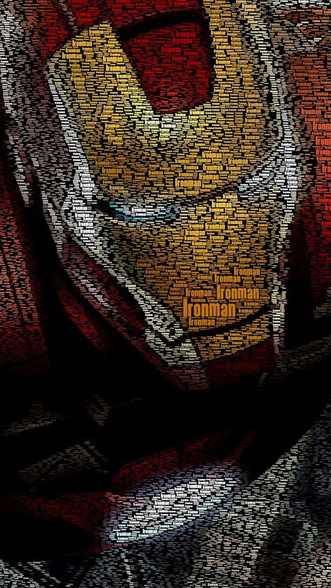桌布 壁紙 — 鋼鐵人的頭盔由重複的「Ironman」文字以金、紅和黑色調組成的馬賽克形成。