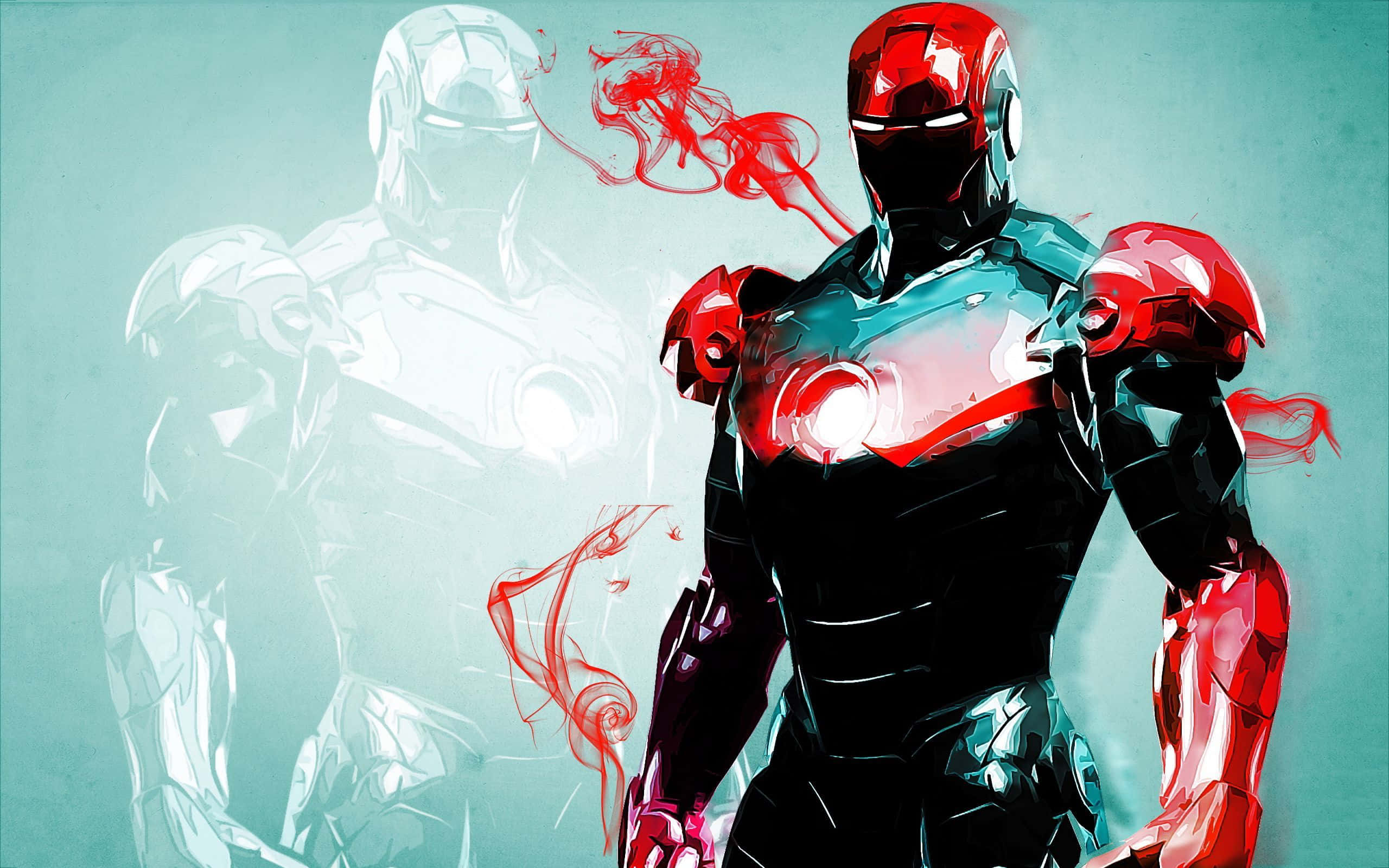 Iron Man Art 桌布 壁紙 — 鋼鐵人穿著大膽的紅色和黑色盔甲，帶有發光的弧形反應器，紅色能量在他周圍旋轉，背景為藍綠色，帶有幽靈般的輪廓。