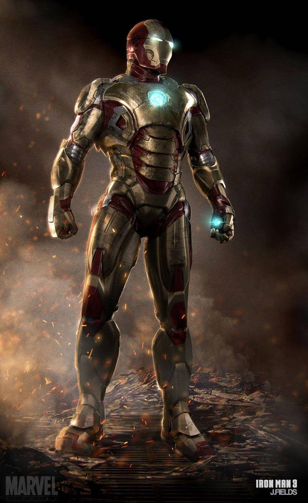 Iron Man Mark 3 桌布 壁紙 — 鋼鐵人穿著戰鬥裝備，站在飛濺的火花和煙霧中，胸部和手套發出光芒。