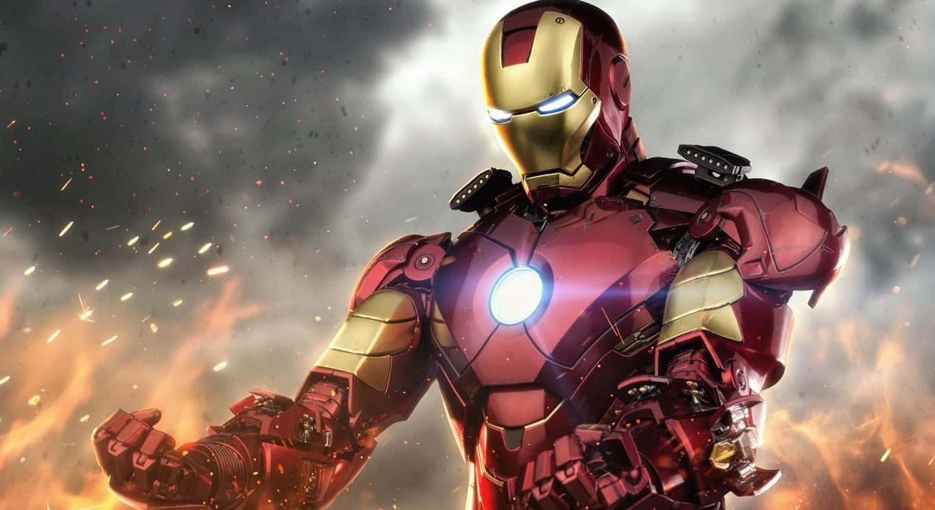 1366x768 Iron Man 桌布 壁紙 — 鋼鐵人穿著戰鬥裝甲，在熾熱爆炸和煙霧中英勇站立，眼睛和胸口弧形反應爐發光。
