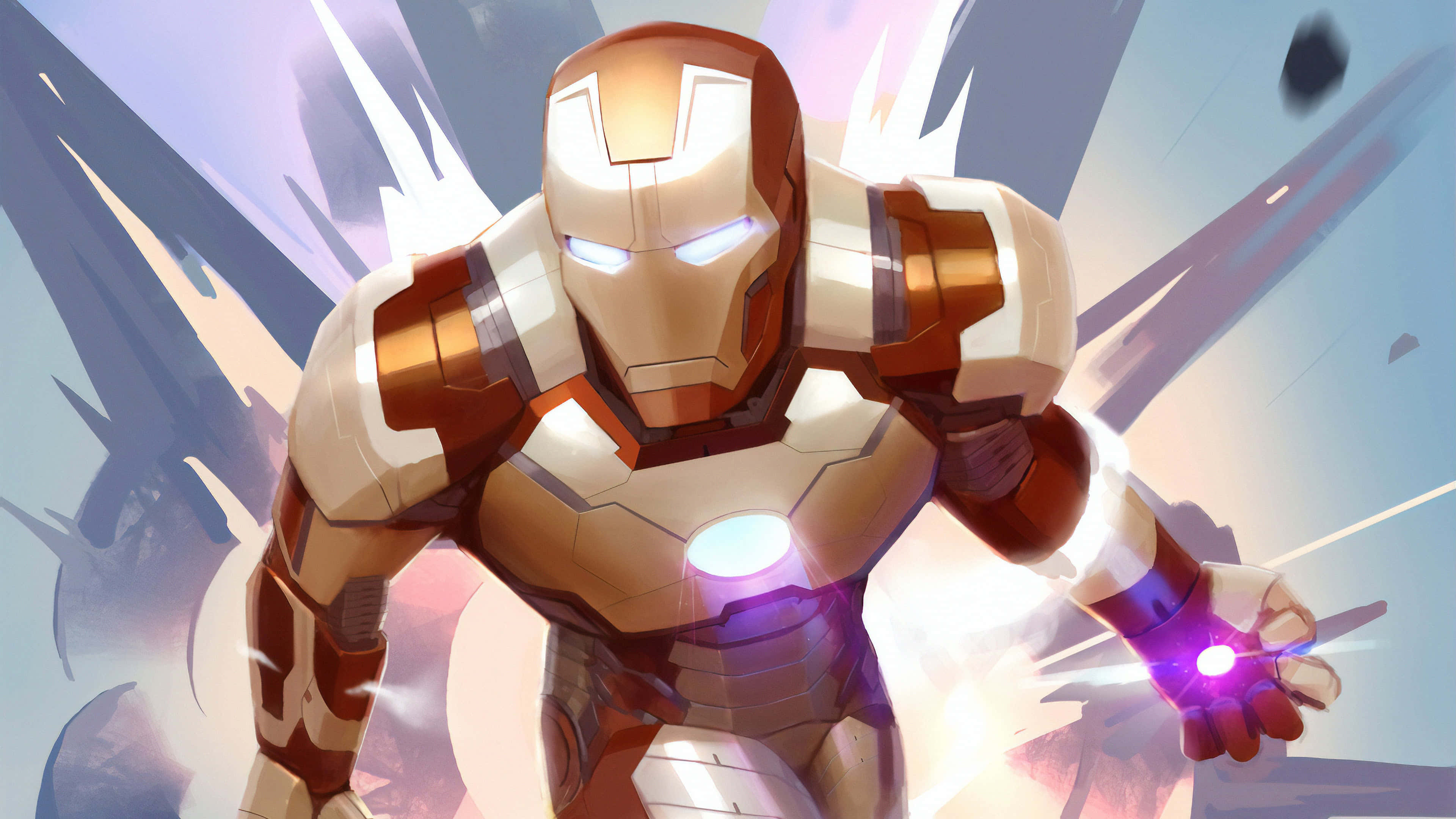 Iron Man Art 桌布 壁紙 — 鋼鐵人穿著標誌性的紅色和金色裝甲，雙手發出閃爍的斥力光束和能量射線，動感十足地站立。