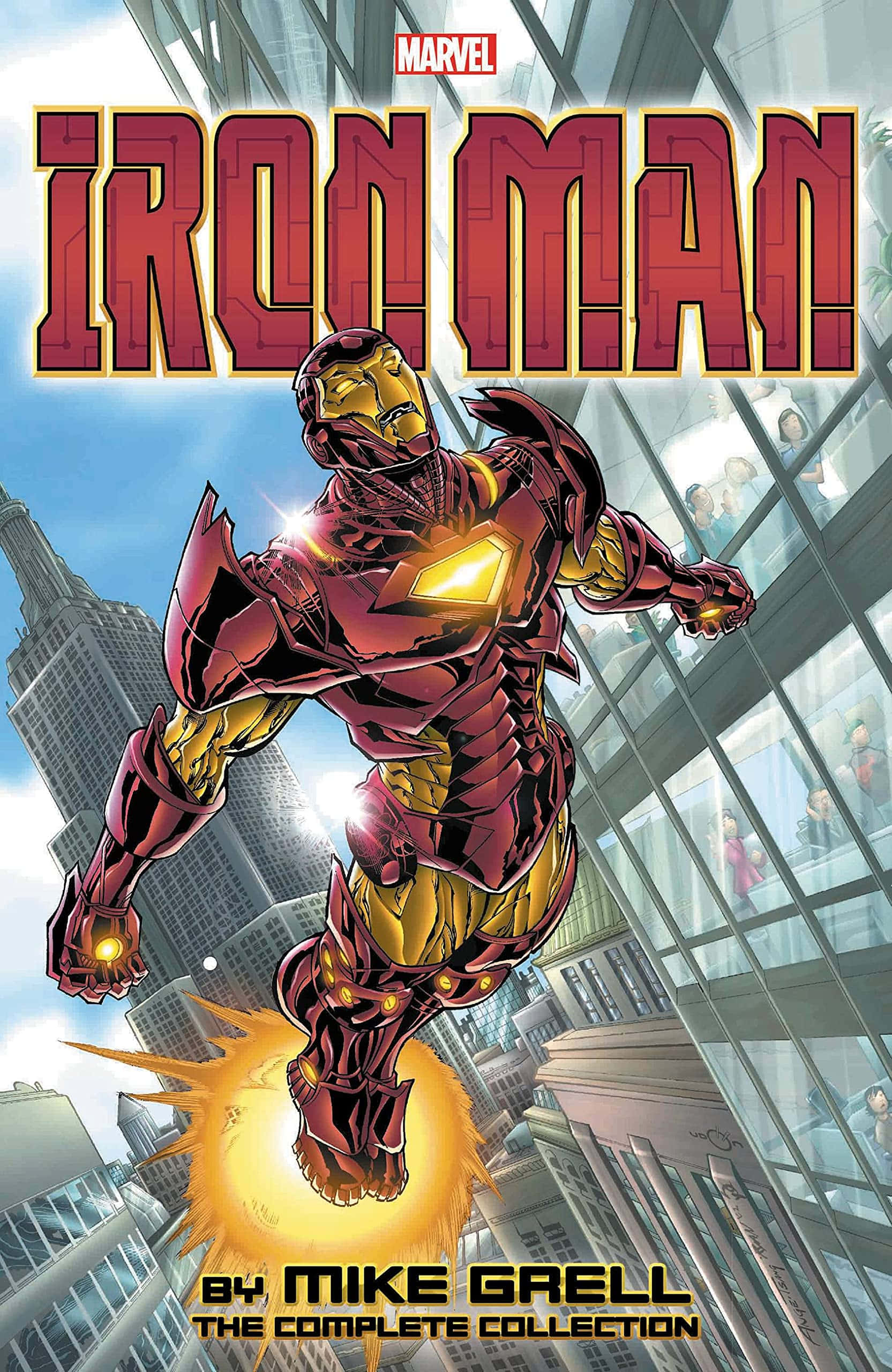 Iron Man Comics 桌布 壁紙 — 鋼鐵人穿著標誌性的紅色和金色裝甲，在腳下斥力光束閃耀的同時，翱翔於城市景觀之中。