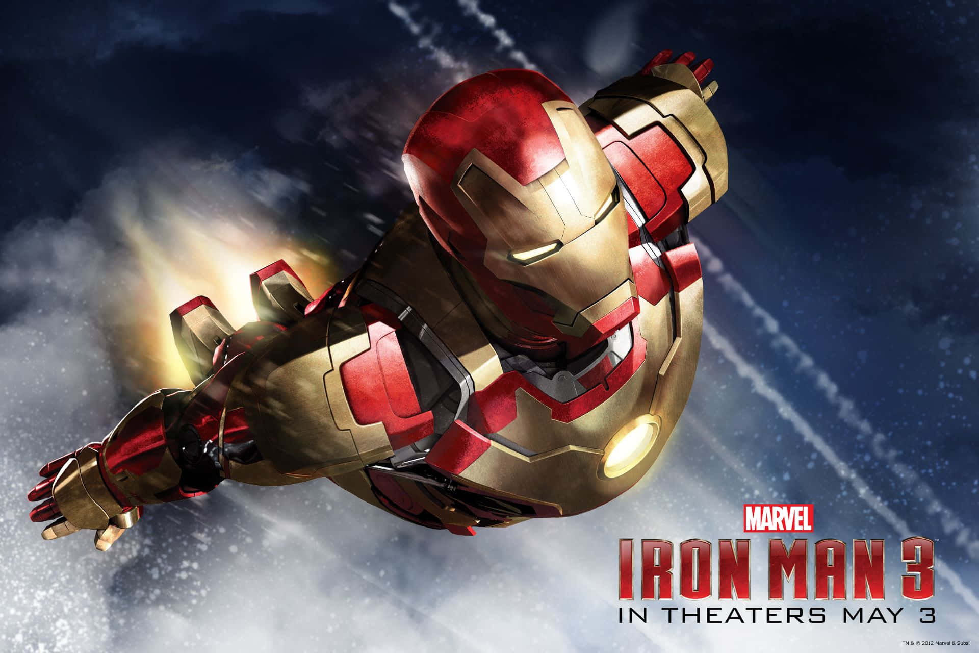 iron man 3 桌布 壁紙 — 鋼鐵人穿著標誌性的紅色和金色裝甲，帶著發光的斥力器，在暴風雨中翱翔。