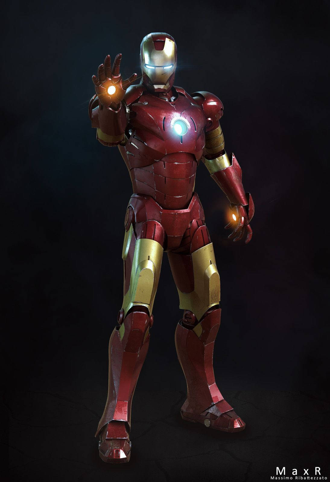 Iron Man Mark 3 桌布 壁紙 — 鋼鐵人穿著標誌性的紅色和金色裝甲，發光的斥力炮和弧形反應器，在黑暗的攝影棚背景下擺出姿勢。