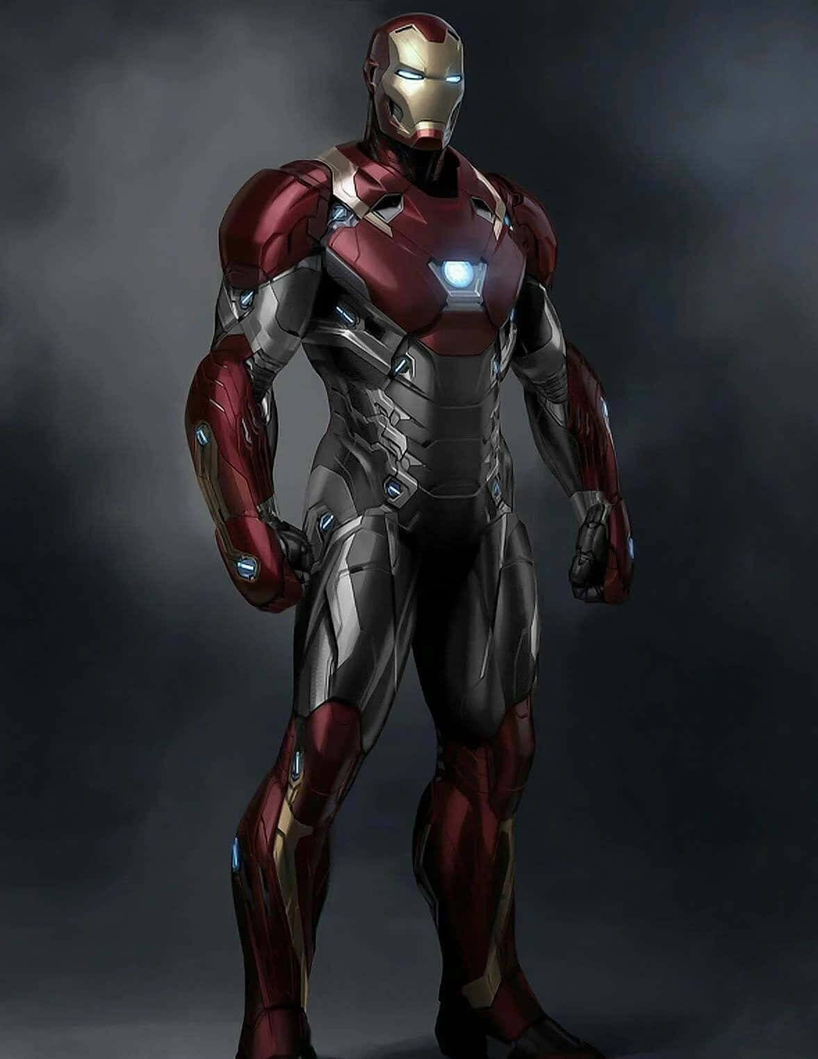 Vibranium Suit 桌布 壁紙 — 鋼鐵人穿著標誌性的紅色和金色裝甲，在煙霧瀰漫的黑暗背景前自信地站立的全身照。