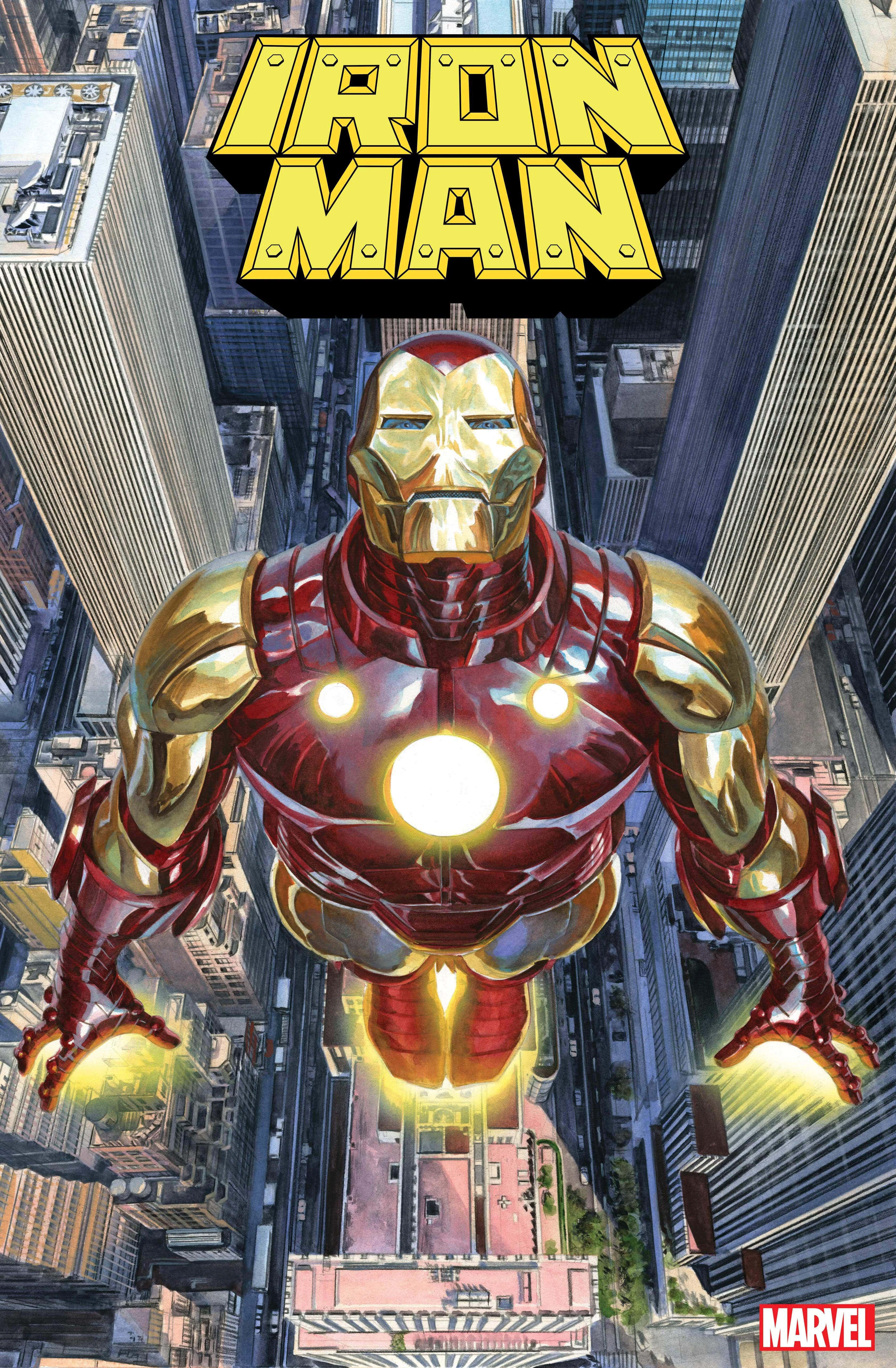 Iron Man Comics 桌布 壁紙 — 鋼鐵人穿著標誌性的紅金戰甲，在城市天際線上翱翔，掌心衝擊光束閃耀。