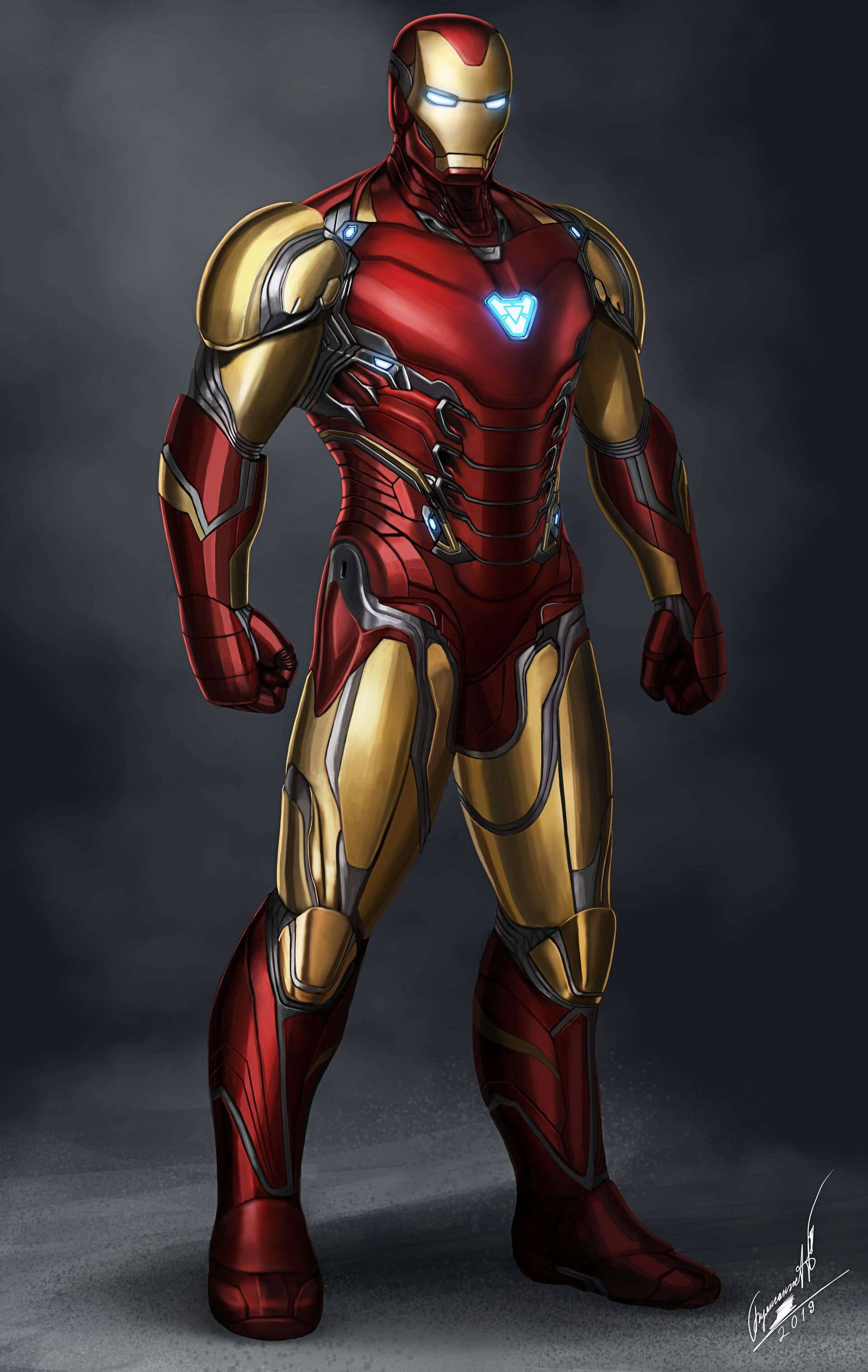 Iron Man Mark 3 桌布 壁紙 — 鋼鐵人穿著標誌性紅金戰甲，自信地站在深灰色背景前的全身插圖。