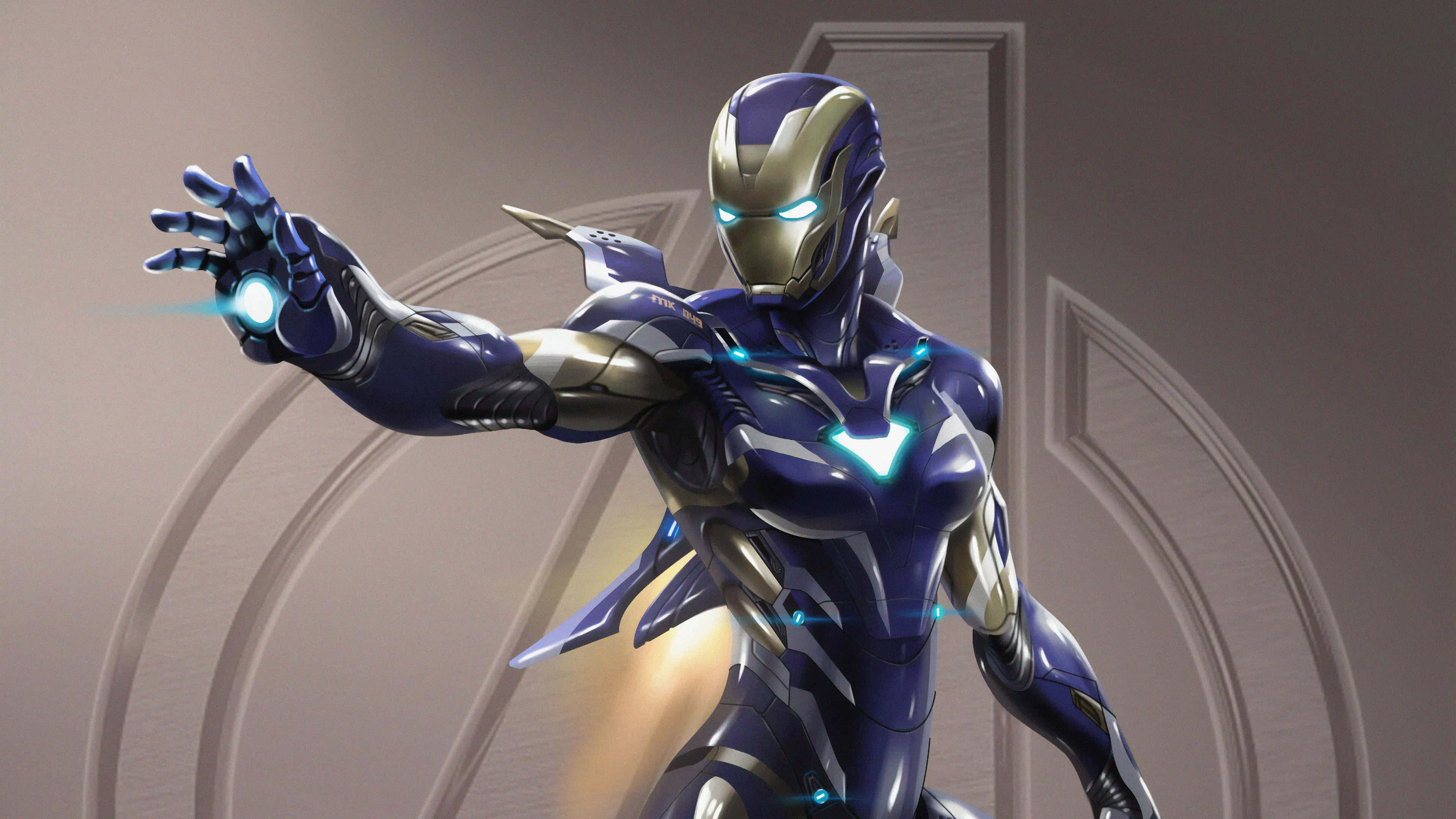 Pepper Potts 桌布 壁紙 — 鋼鐵人穿著流線型藍金裝甲，伸出手掌，掌心發出耀眼的衝擊波，背景為簡約灰色。