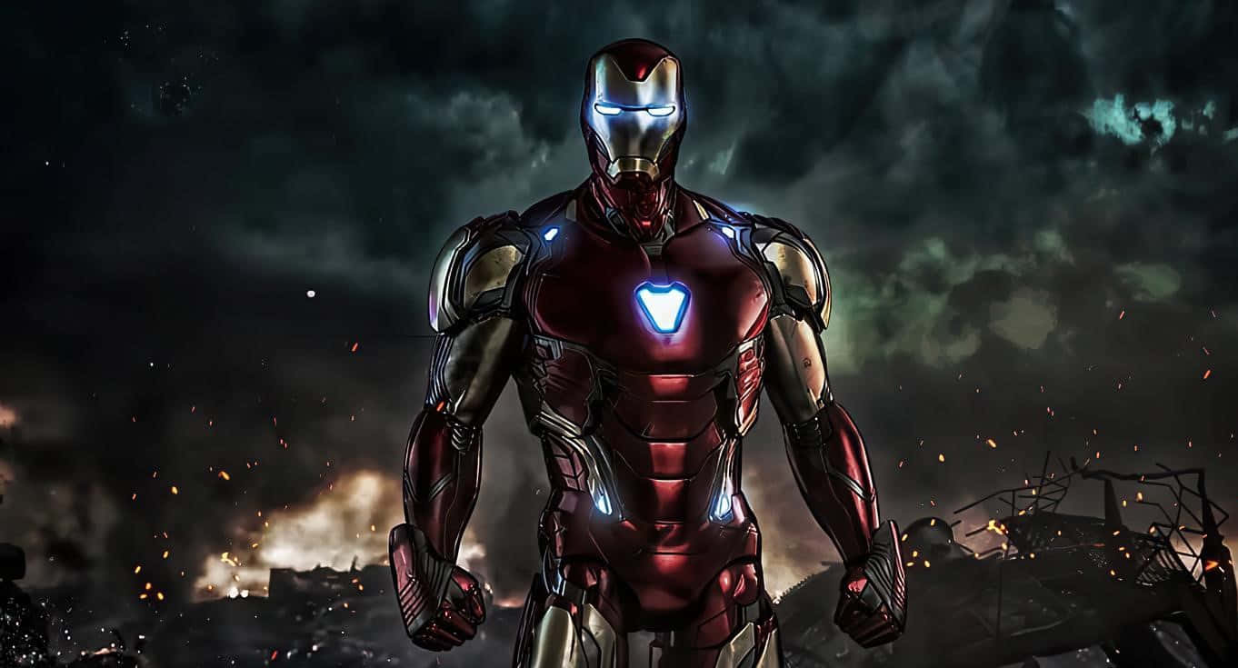 1366x768 Iron Man 桌布 壁紙 — 鋼鐵人穿著發光的紅色和金色裝甲，在黑暗風暴的戰場上火花四濺，挑釁地站立。