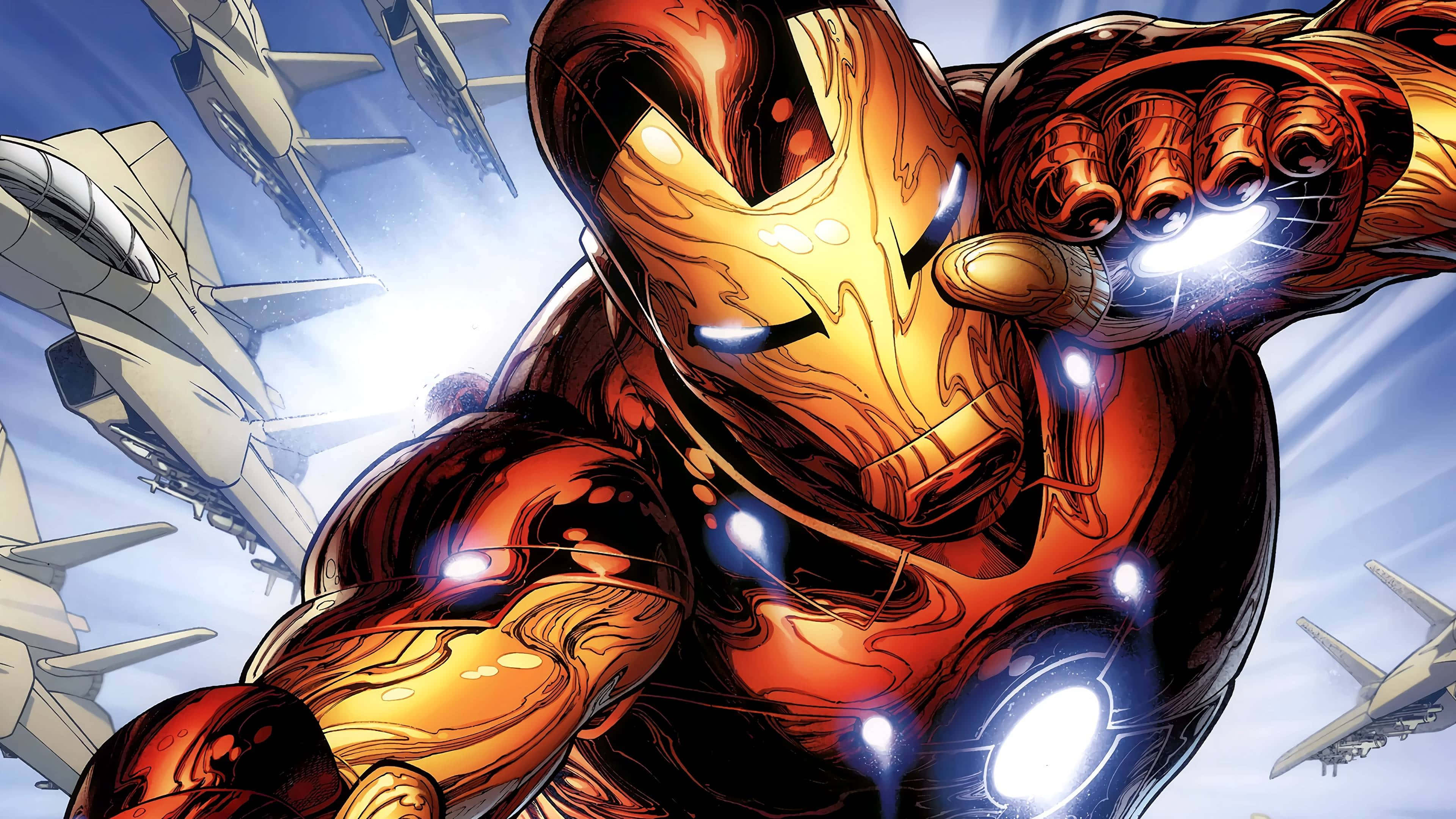 Iron Man Comics 桌布 壁紙 — 鋼鐵人穿著發光紅金戰甲，在戰鬥機之間向明亮的天空發射斥力炮。