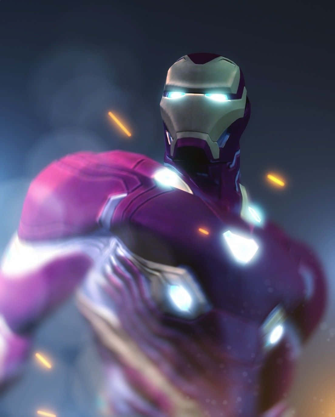 Vibranium Suit 桌布 壁紙 — 鋼鐵人穿著發光紫色和銀色戰衣，擁有明亮的藍色眼睛和動態模糊效果的近距離特寫。