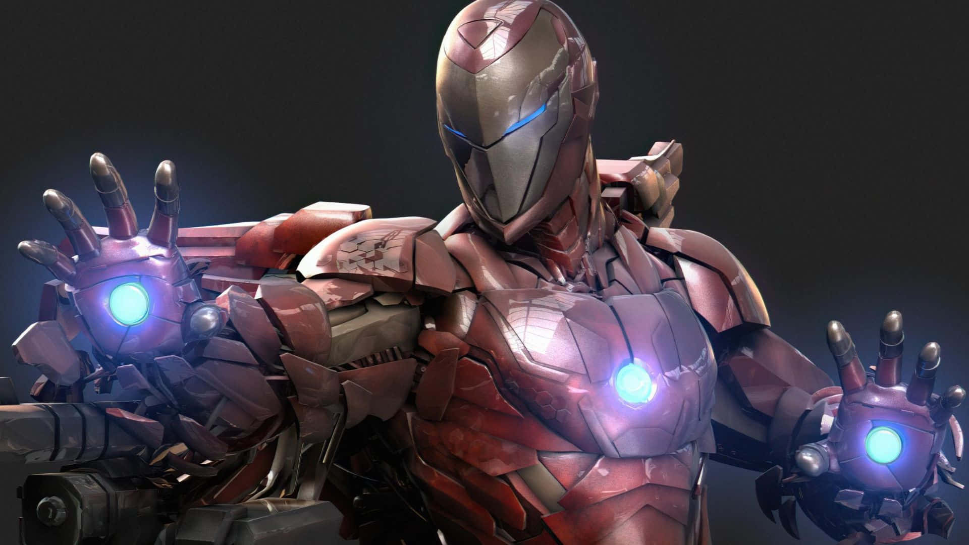 Iron Man Weapons 桌布 壁紙 — 鋼鐵人穿著精細的紅色和金色裝甲，雙手發出藍色光芒的斥力光束，站在黑暗背景前。