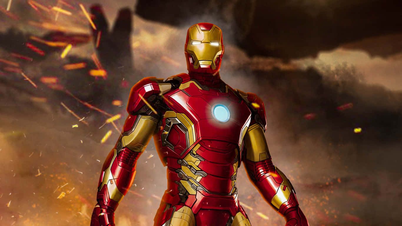 1366x768 Iron Man 桌布 壁紙 — 鋼鐵人穿著紅色和金色盔甲，在熾熱的爆炸和黑煙中英勇站立。