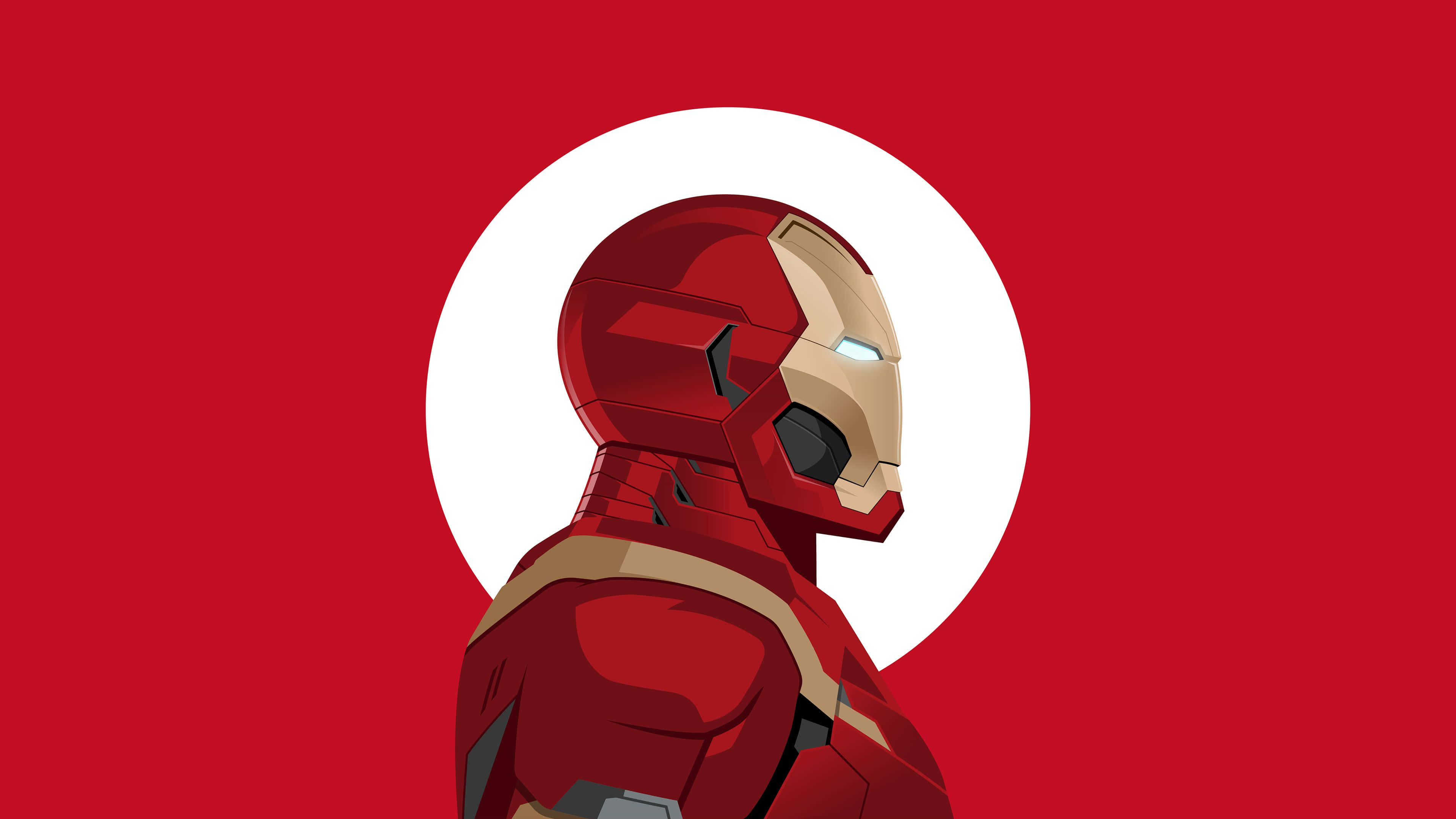 Iron Man Art 桌布 壁紙 — 鋼鐵人穿著紅色和金色裝甲，側面站立在一個帶有白色圓形光環的鮮紅色背景前。