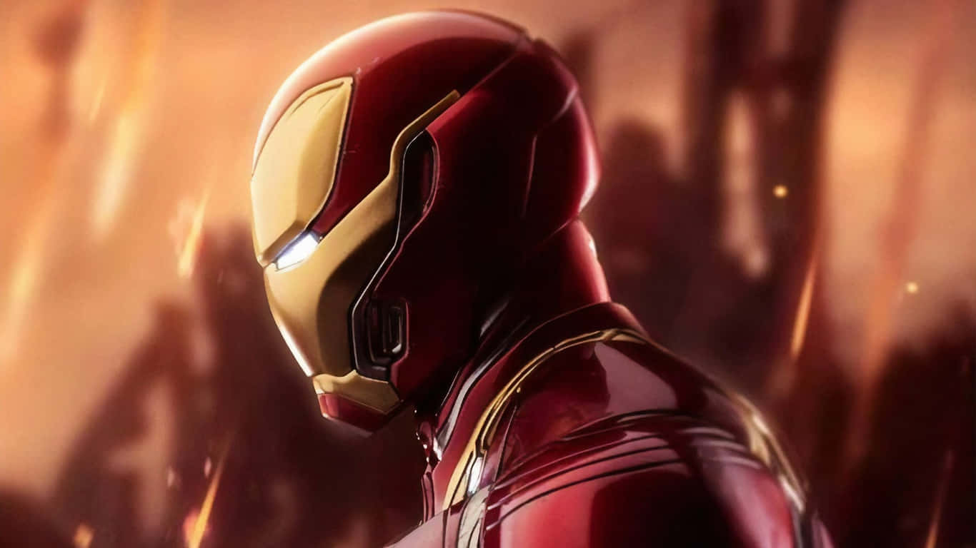 1366x768 Iron Man 桌布 壁紙 — 鋼鐵人穿著紅色和金色裝甲，側面站立在熾熱的橙色戰場背景下。