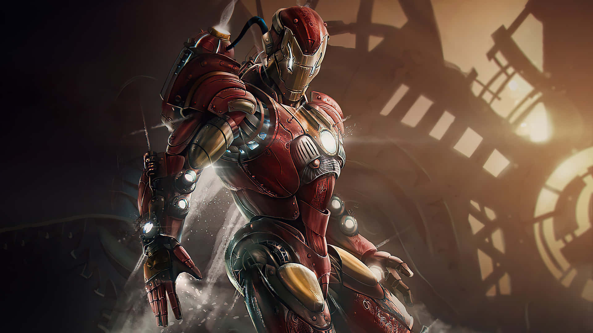 Best Iron Man 桌布 壁紙 — 鋼鐵人穿著紅色和金色裝甲，在昏暗的工業環境中擺好姿勢，身後有發光的燈光和機械結構。