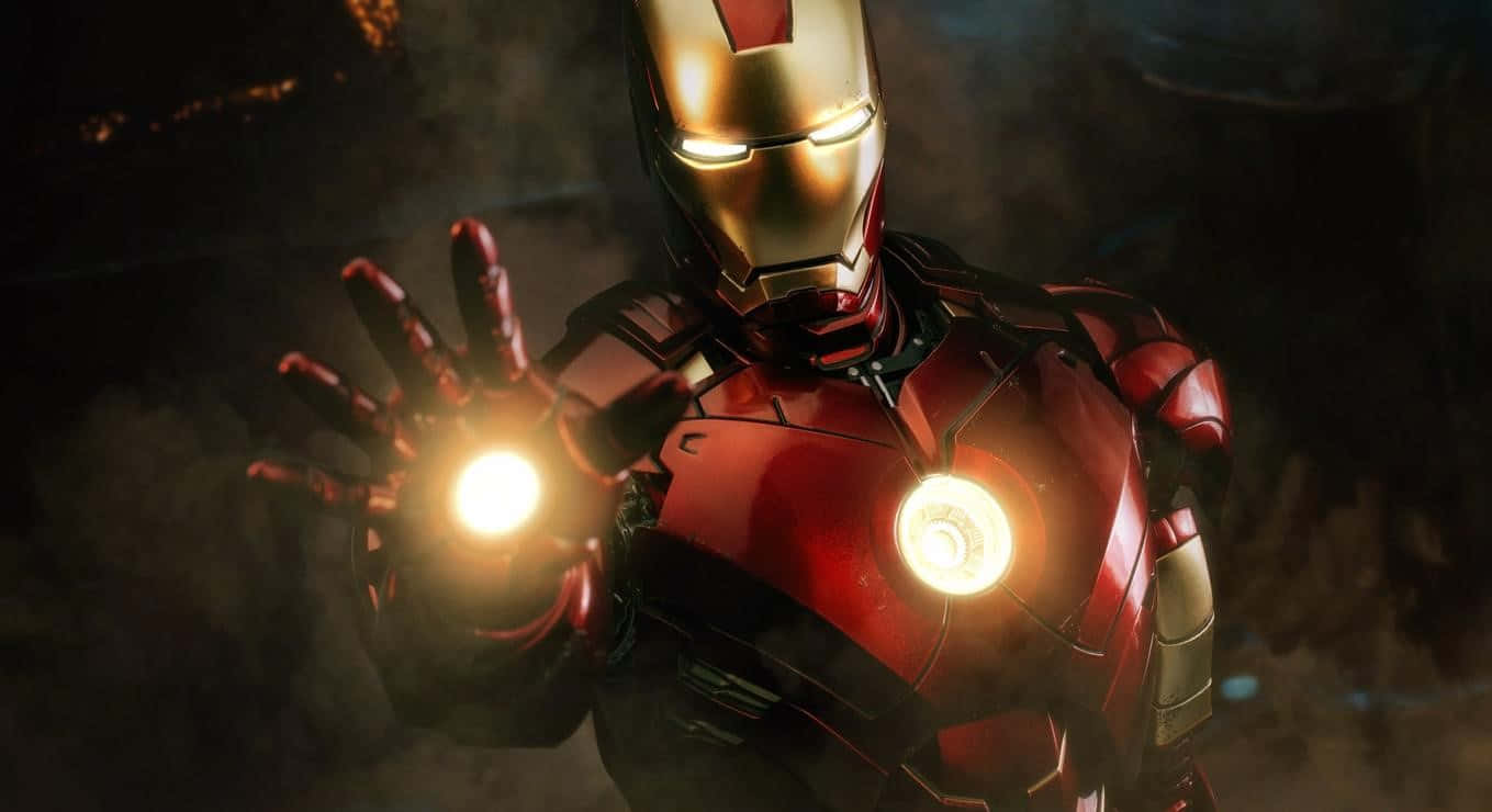 1366x768 Iron Man 桌布 壁紙 — 鋼鐵人穿著紅色和金色裝甲，在煙霧瀰漫的黑暗背景中伸出發光的斥力手。