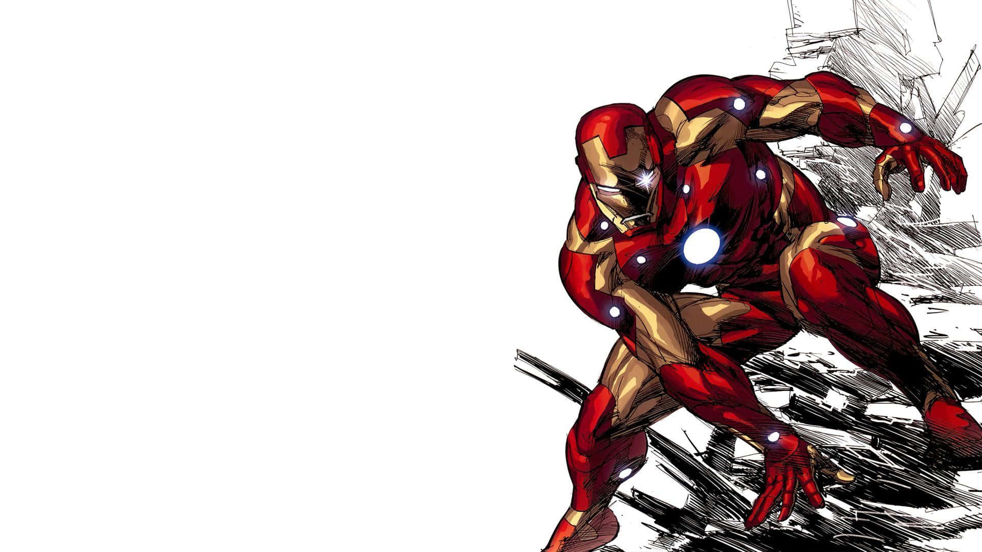 Iron Man Comics 桌布 壁紙 — 鋼鐵人穿著紅色和金色裝甲，在純白色背景上，於破碎的瓦礫中動態地蹲下。